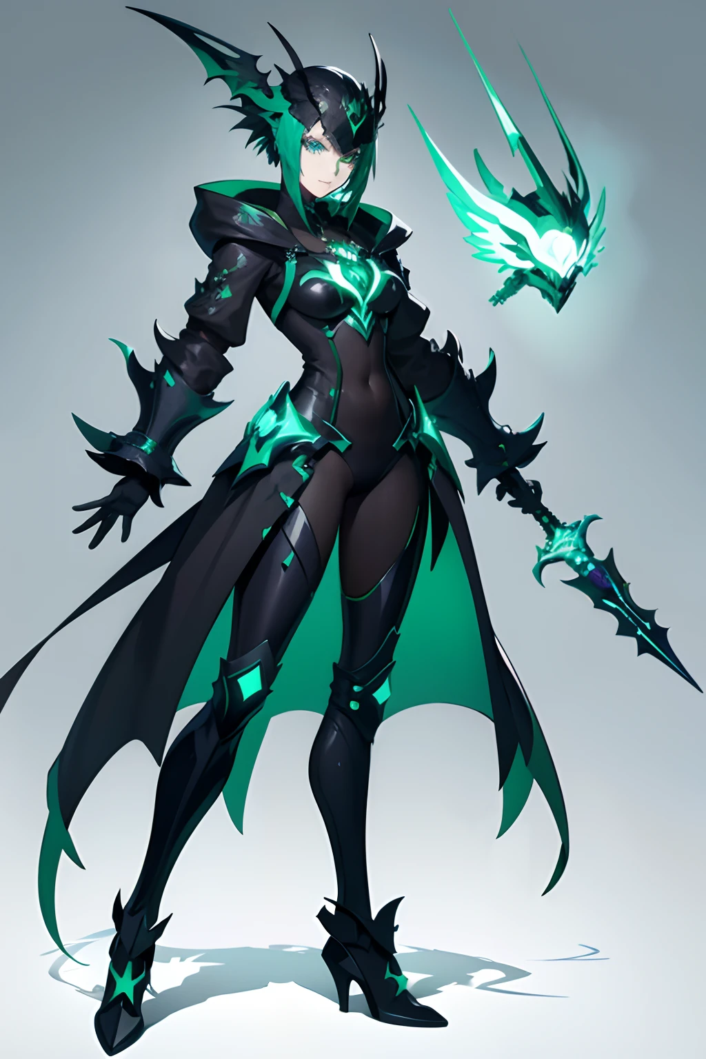 Frau, Drachen Helm-Maske, Portrait, Metallische, Emerald Green Eyes, Ultra detailliert, Vorderseite, Cyberpunk, Neon, metallisch, full body view