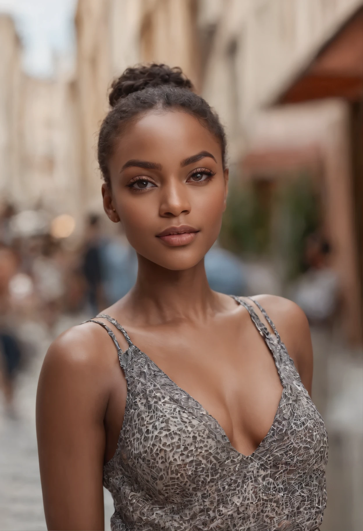 ((Peau claire africaine, Very deep ebony skin)), ((Its beauty is undeniable)), ((Excited cute face)), ((Hyper detailed perfect eyes,)), ((Pose mignonne)), ((Langue sortie)), ((Seductive )), sexy, ((Women's V-neck Short Sweater, shorts courts sexy)), ((African long curly hair afro ponytail,)), (( peau)), ((debout, Vue de face)), ((toucher son propre sac a main dans une pose sexy)), ((dehors, Ville publique)), Sharp Focus CGI, photoreallistic, High detail, Realstic, Masterpiece, absurdes, Best quality, Hdr, High quality, high-definition, Extremely detailed, 8k wallpaper, Intricate details, 8K UHD, Full-HD, (photo realist:1.2), contraste, intense illumination, lighting cinematic, natural lighting, hard light, contre-jour, Illumination globale, occlusion ambiante