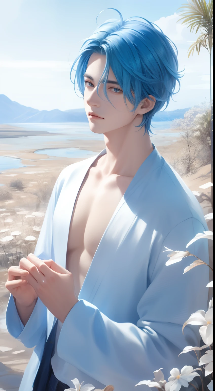 Beautifully drawn, High quality, Ultra-detailed CG illustration of a young man with a calm expression, Gaze into the distance，His striking light blue hair fluttered gently in the desert breeze. The landscape behind him is vast and breathtaking, Transports viewers to a world of wonder and exploration.