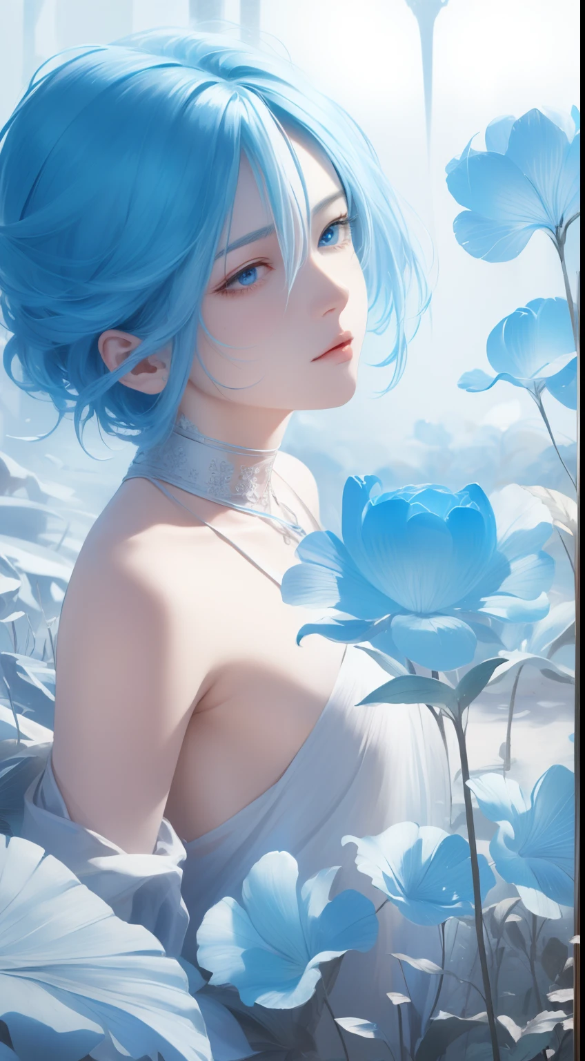 Beautifully drawn, High quality, Ultra-detailed CG illustration of a young man with a calm expression, Gaze into the distance，His striking light blue hair fluttered gently in the desert breeze. The landscape behind him is vast and breathtaking, Transports viewers to a world of wonder and exploration.