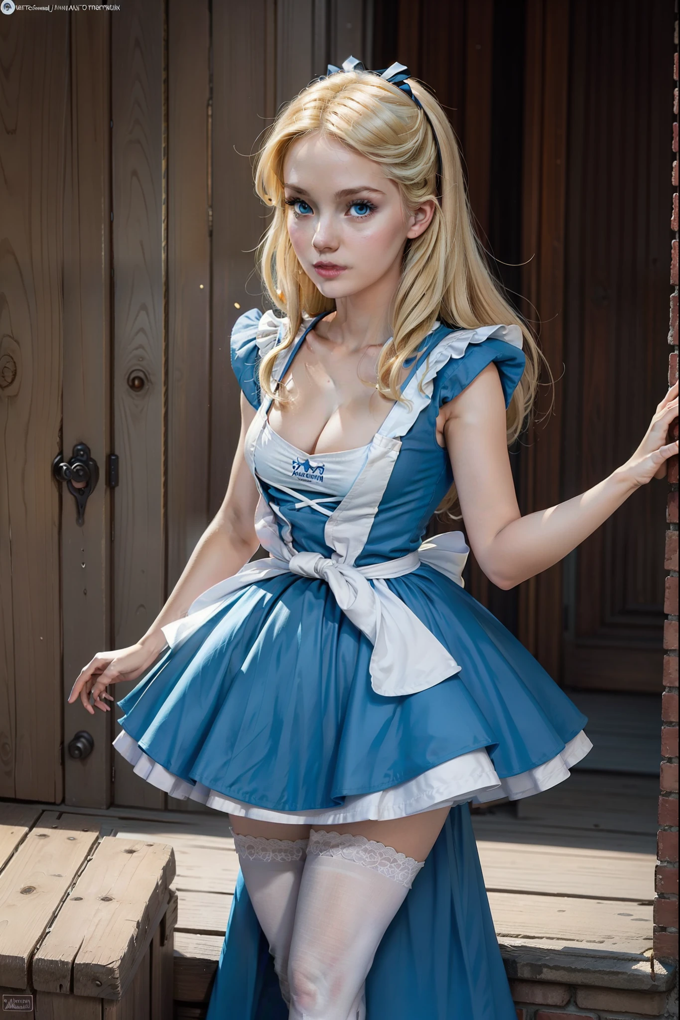 masterpiece, 1girl, solo, make her a sexy Alice in Wonderland with blonde hair, powder blue dress with white apron, white stockings, cleavage, dynamic, ultra high def, 32k, (perfect anatomy:1.5), perfect legs, in the style of Artgerm and Adam Hughes, perfect arms,
