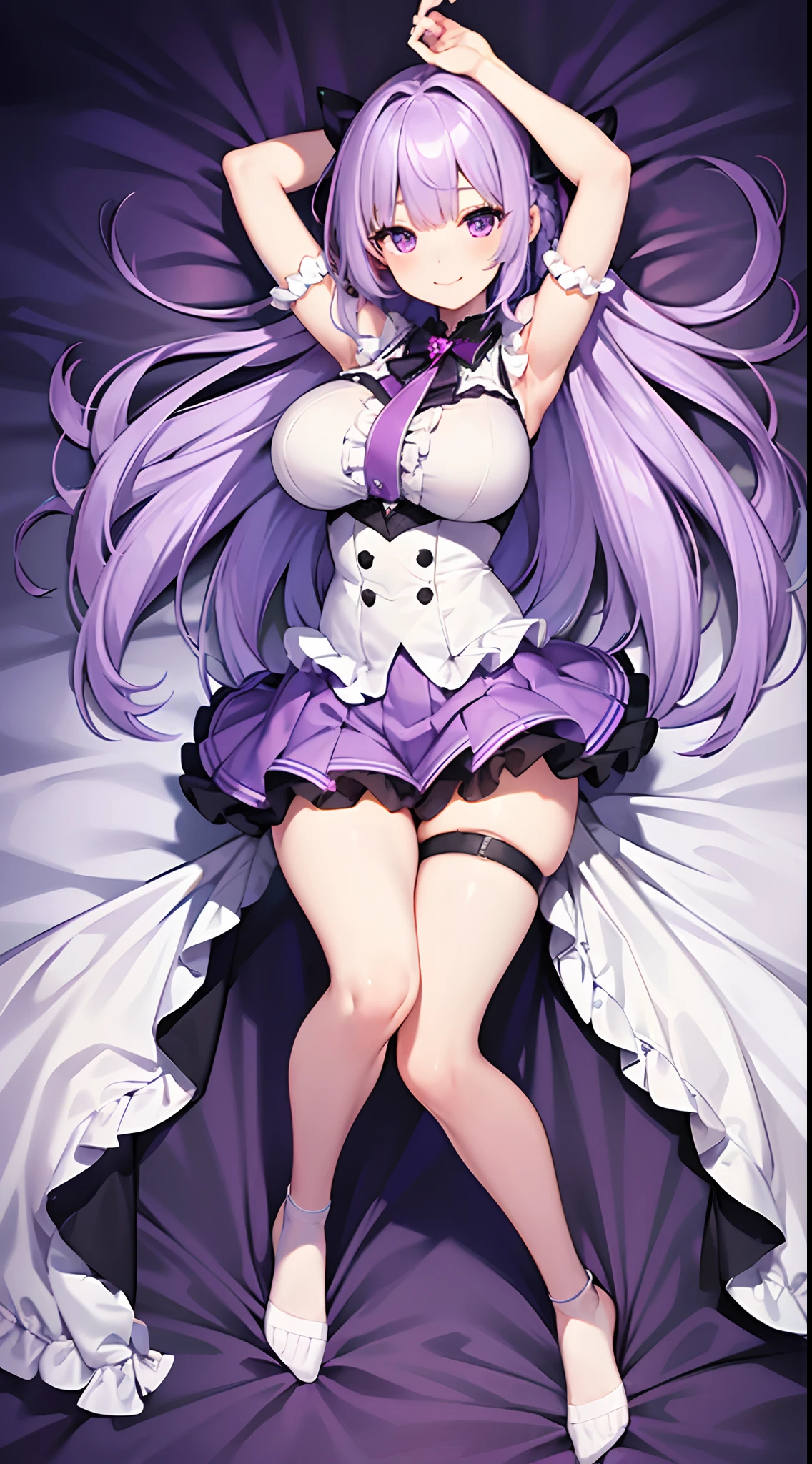 nsfw, 1 girl, game CG, topless frilled shirt, shoulders visible, short skirt lift, hair ribbon, panty lift, gigantic breasts, light purple hair, long hair, french braid, purple eyes, dakimakura, full body, arms up, embarrassing ,