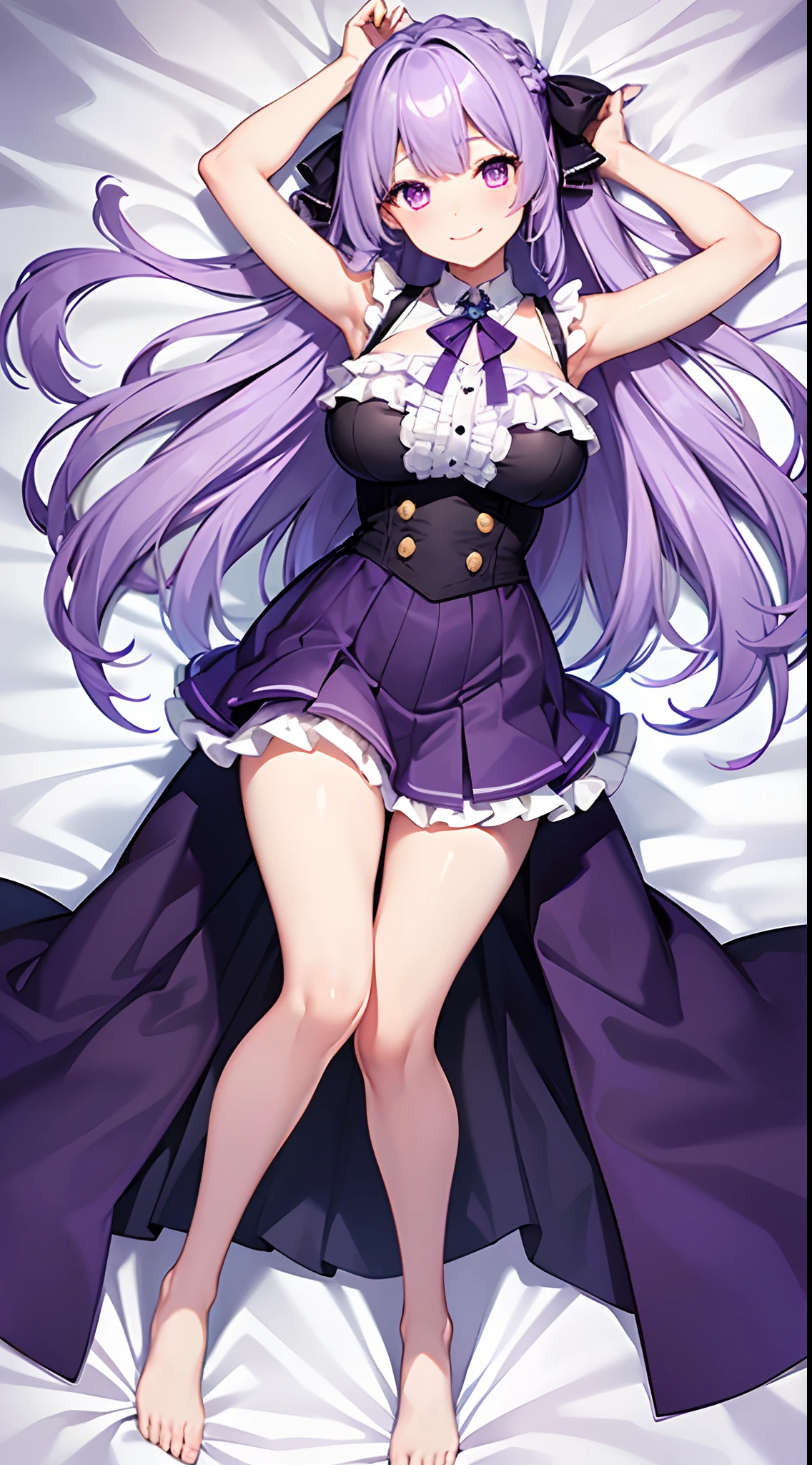 1 girl, game CG, frilled shirt, shoulders visible, short skirt, hair ribbon, gigantic breasts, light purple hair, long hair, french braid, purple eyes, dakimakura, full body, arms up, smile,