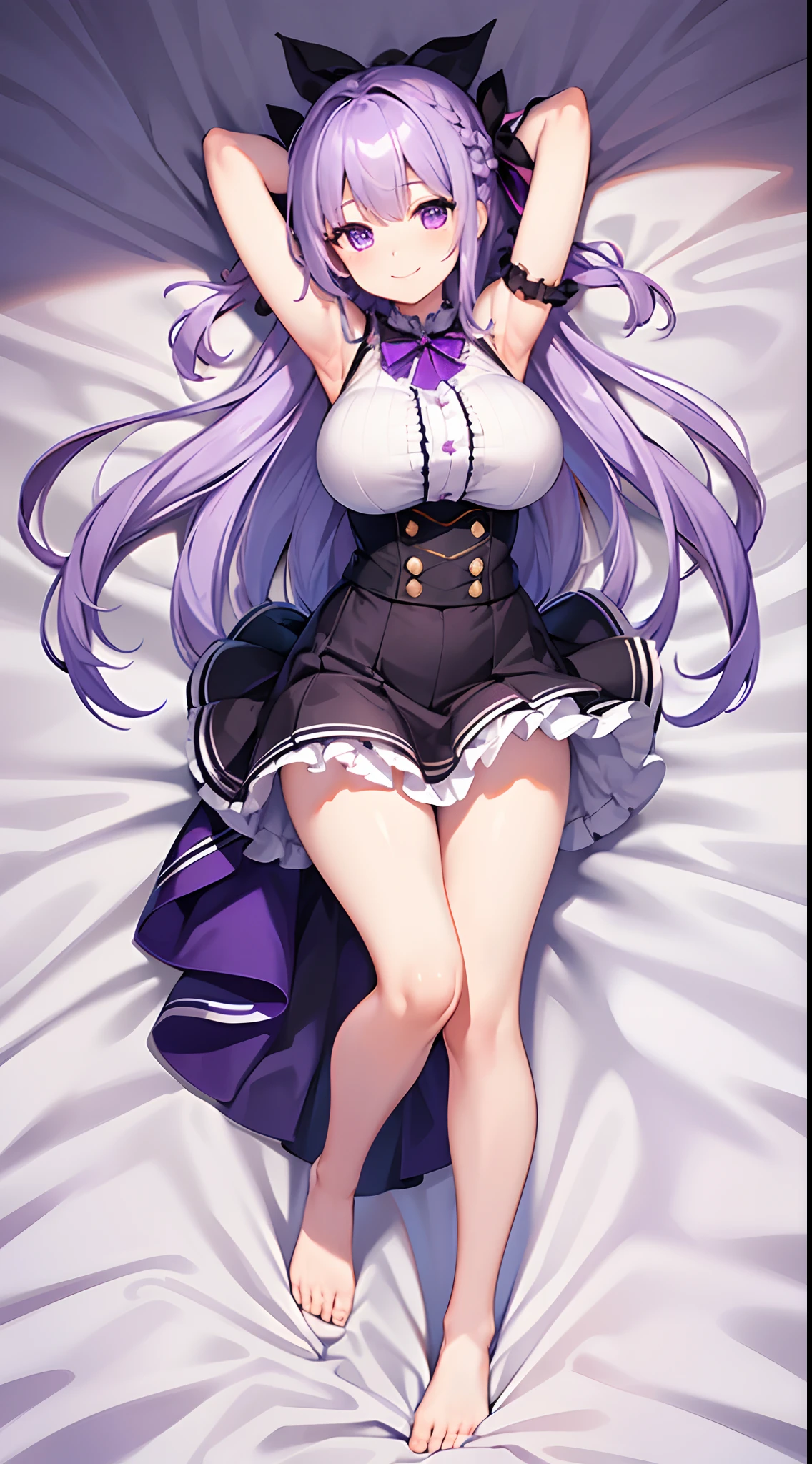 最high quality, high quality, 16K, Ultra-detailed details, pretty girl, alone, beautiful purple hair, Beautiful purple eyes, Big Breasts, A light smile, Summer clothes, Summer Maid clothes, I'm lifting my skirt, Blue and white color striped underwear(Bikini swimsuit under skirt), My crotch is wet with love juice, {{A succubus who steals the face skin and maid uniform from the girl she likes and plays pranks on her、好きな女の子のフリをしながらメイド服を着てます}}, Full body image, NSFW