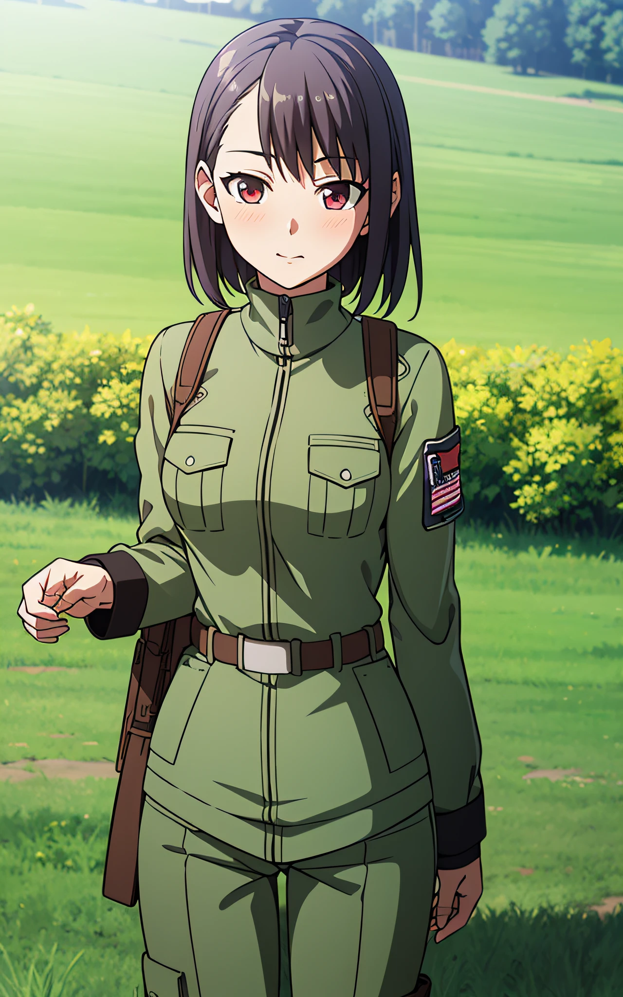 Highly detailed CG Unity 8k wallpaper, of the highest quality, super detailed, master piece, Realistic, Photorealistic, extremely detailed cute girl, 25 years old,
(Tactical clothing), (military outfits), grass field ,blush, Round eyes, medium breasts, ,viewer, Cowboy Shot,
