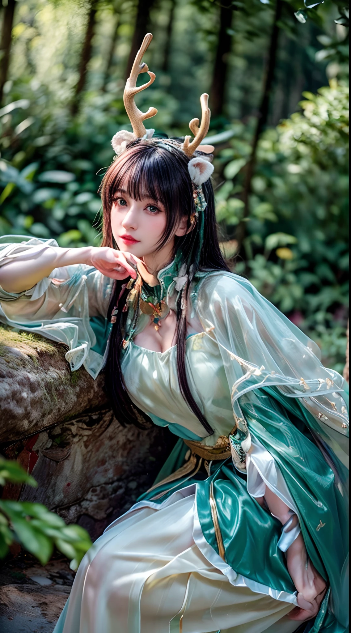 (Best quality,4K,8K,A high resolution,Masterpiece:1.2),Ultra-detailed,(Realistic,Photorealistic,photo-realistic:1.37),Bokeh,Green-haired beauty,Vertical yellow pupils,deer antlers,maid costume,Soft lighting,Bending over,Playful and elegant,Sharp focus,Super detailed,Ethereal,Landscape painting,Vibrant colors,Soft lighting
