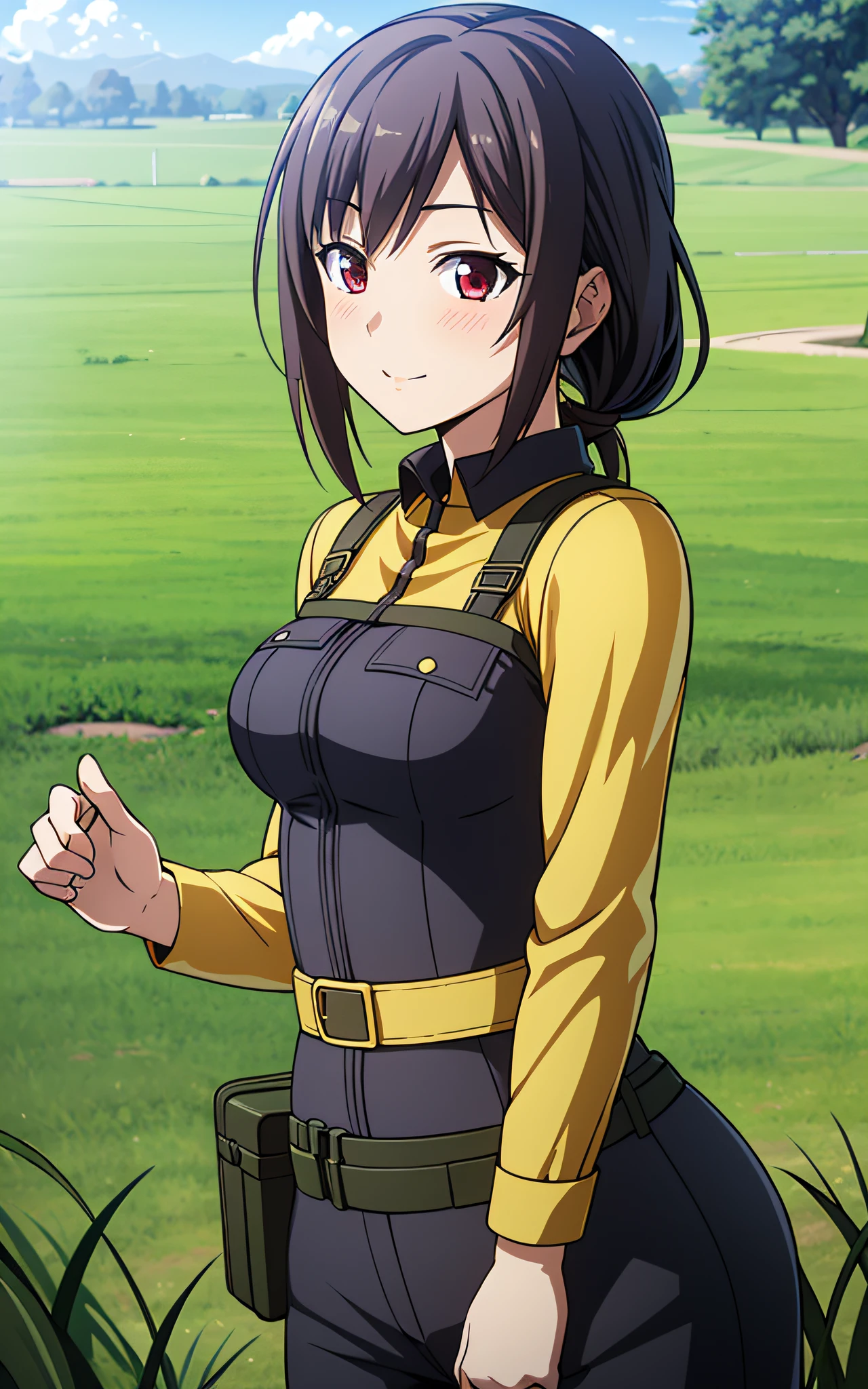 Highly detailed CG Unity 8k wallpaper, of the highest quality, super detailed, master piece, Realistic, Photorealistic, extremely detailed cute girl, 25 years old,
(Tactical clothing), (military outfits), grass field ,blush, Round eyes, medium breasts, ,viewer, Cowboy Shot,