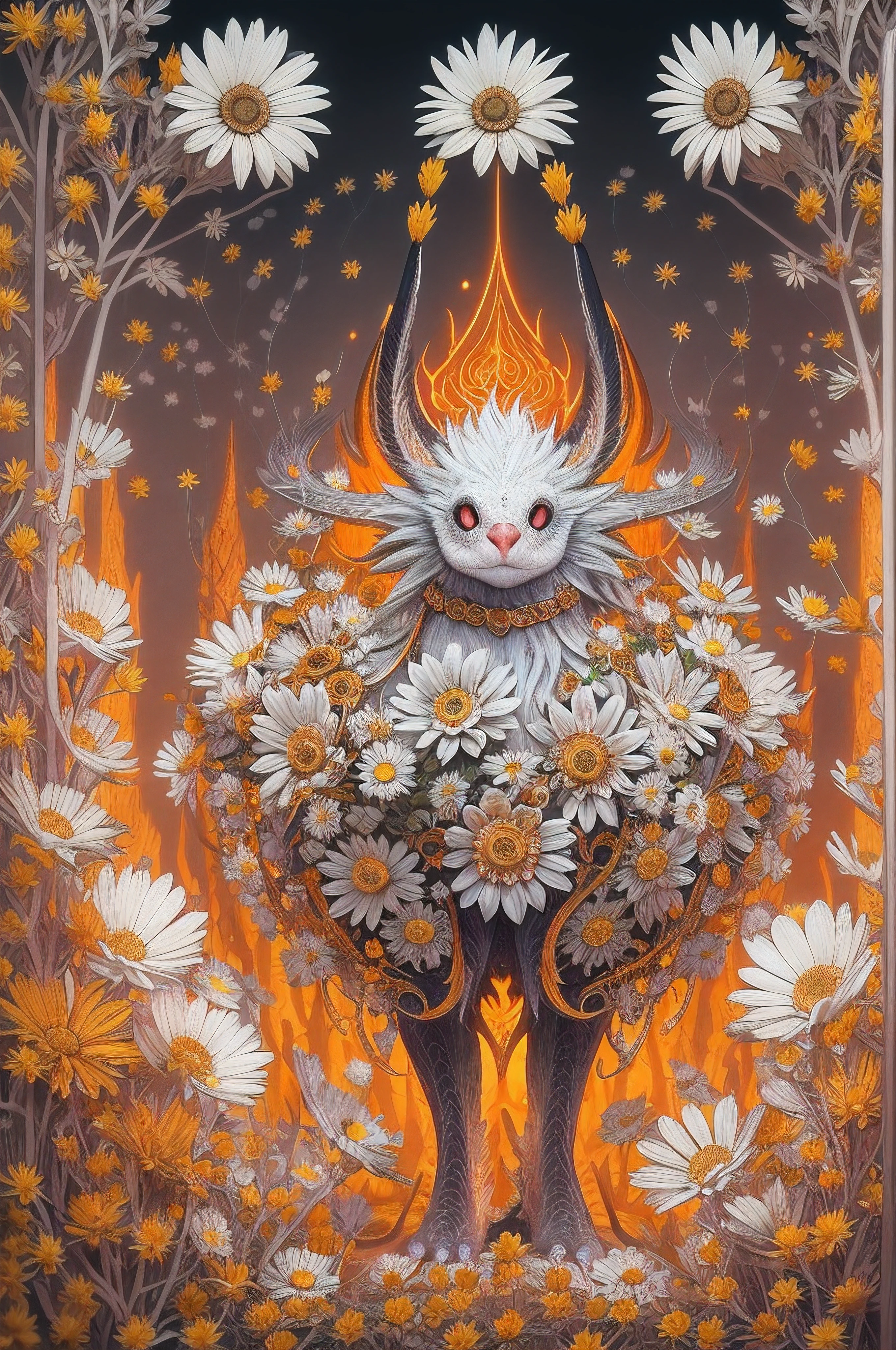 Think of a creature from the mystical world! It looks so beautiful. Amazingly glowing. This creature is incredible (adorable), Intricately detailed, The creature holding a bunch of Daisy. Make sure full body in in frame. White and black and red color combinations. The orange colour on creature is glowing. Portrait.