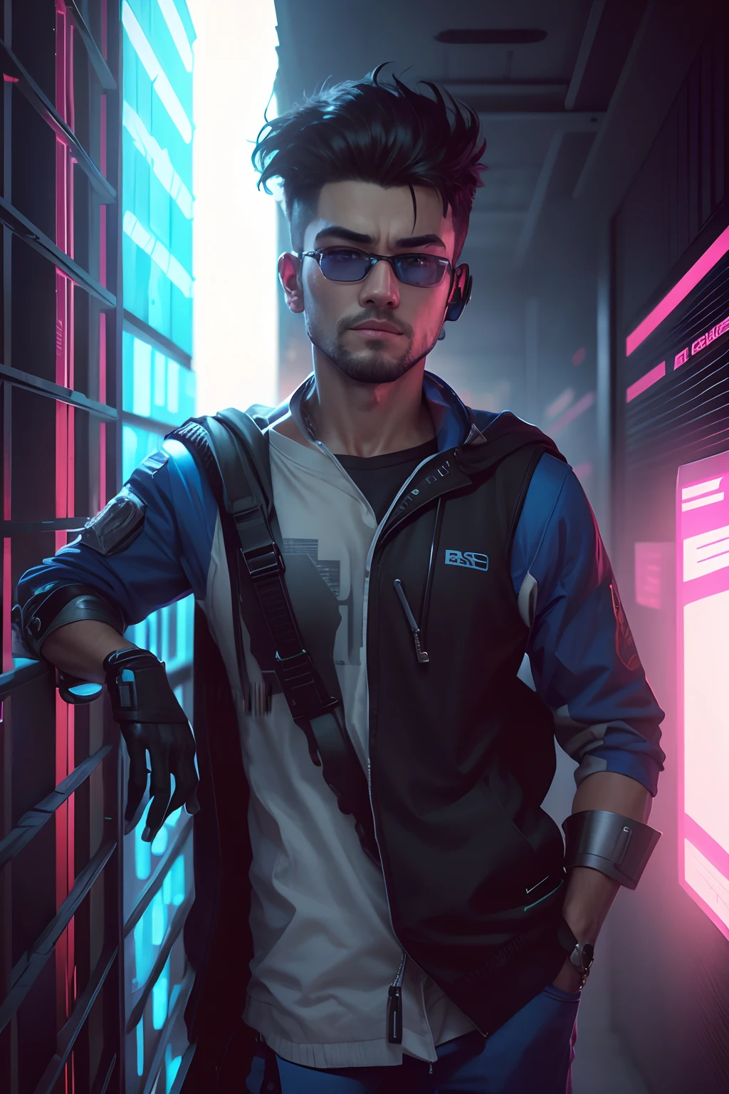 Change bagground cyberpunk. Ultra realistic face, handsome boy, strong body, 8k regulations