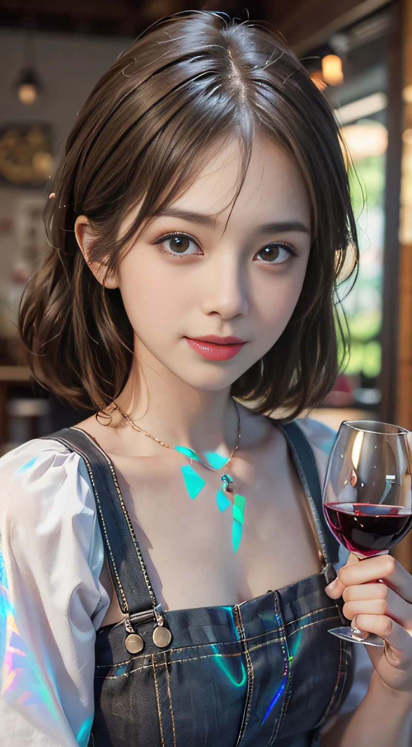 (ultra-realistic realism)、(illustratio)、(A high resolution)、(8K)、(The is very detailed)、(Best Illustration)、(Beautifully detailed eyes)、(top-quality)、(ultra - detailed)、(tmasterpiece)、(the wallpaper)、(A detailed face)、独奏,Loli beautiful girl , short detailed hair,with short brown hair,Green pupils,Delicateeyes, Delicate smile, milkyW, Suspenders,Holding a wine glass in his hand, holograph, In the tavern,deep in the night