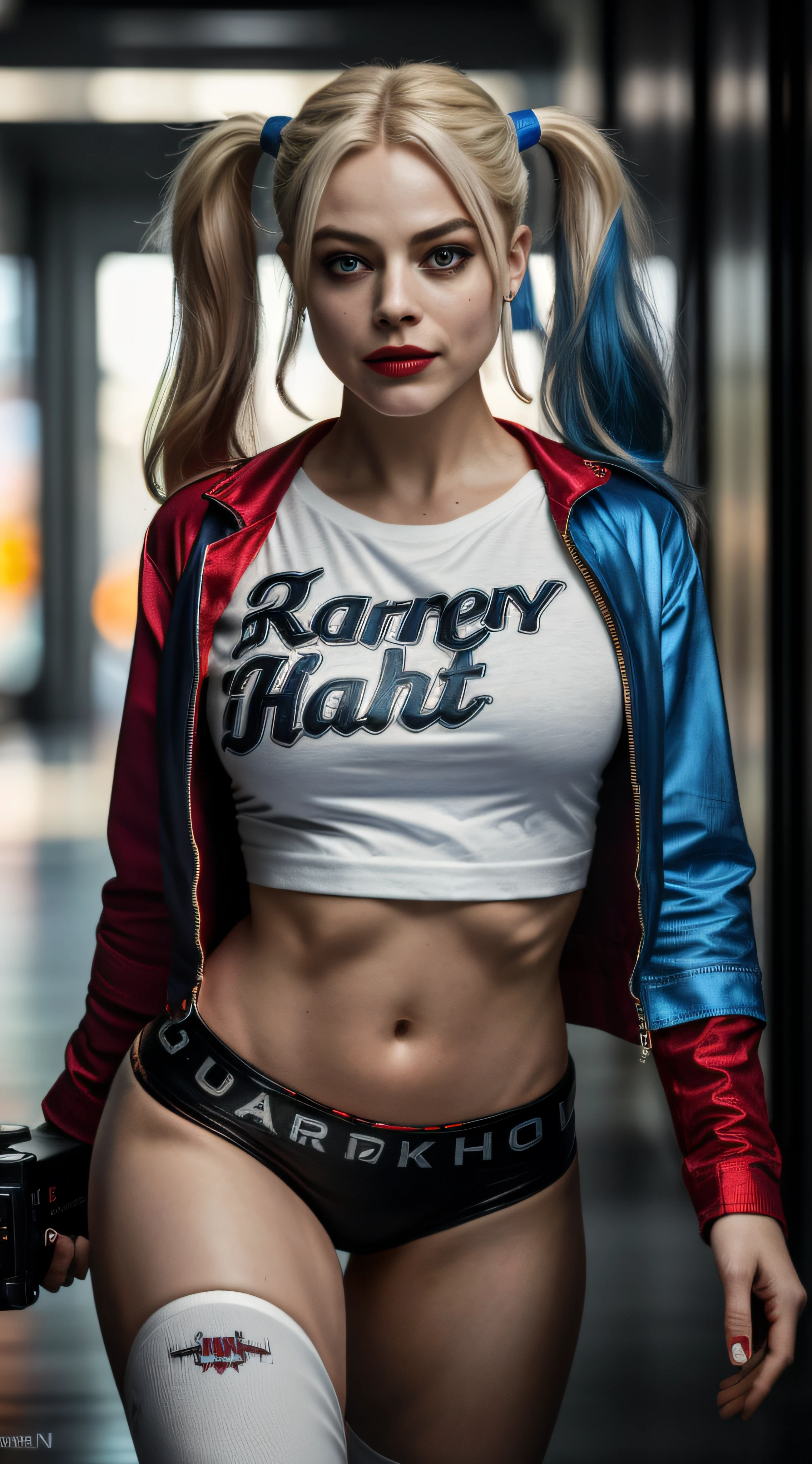 (8K, RAW photo, Best quality, Masterpiece:1.2), Ultra detailed, offcial art, full body shot of, photo-realistic:1.37, Petite, The can be seen through the shirt by exposing the cleavage, DC Harley Quinn, filmgrain, Dynamic pose, Bigchest, The camera focuses on her chest