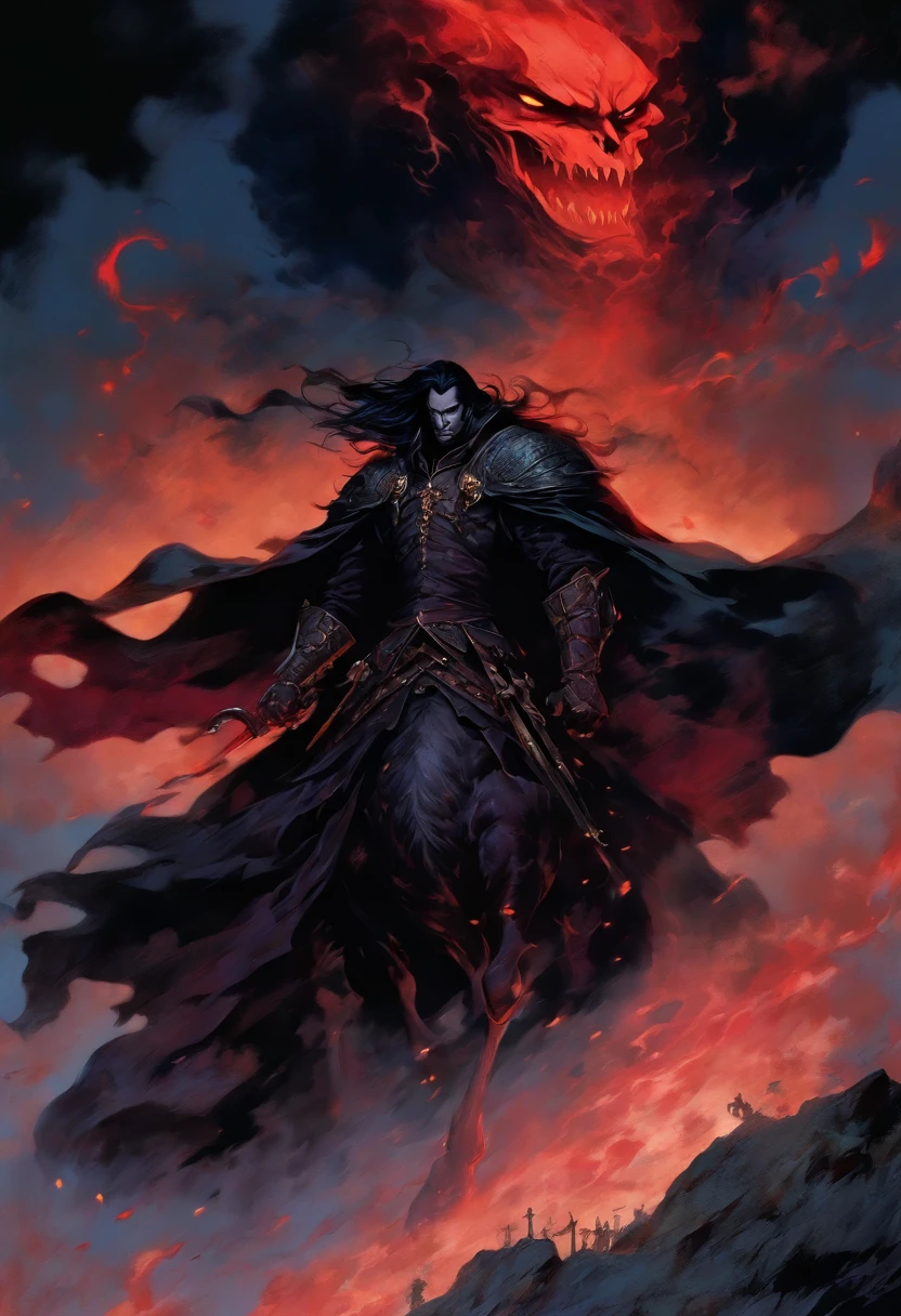 Under the ethereal glow of a full moon, Vlad Dracula, the legendary vampire king, astride a majestic black steed, commands the night with an aura of darkness and dread. His regal countenance is framed by long, flowing locks of midnight black hair, cascading over his broad, commanding shoulders. Donned in a cloak as dark as the night itself, it billows behind him, as if propelled by an unseen force. A flicker of crimson flashes from his piercing eyes, hinting at an insatiable hunger that lurks within. With one hand firmly gripping the reins, his other hand hovers menacingly near the hilt of a gleaming blade, poised to unleash its lethal power. The horse, an embodiment of grace and strength, steps with an otherworldly elegance, its hooves barely making a sound upon the moonlit ground. As Vlad Dracula and his steed ascend a desolate hill, silhouetted against the haunting beauty of the night sky, they stand in a battle stance, ready to face any foe that dares defy their reign of darkness.