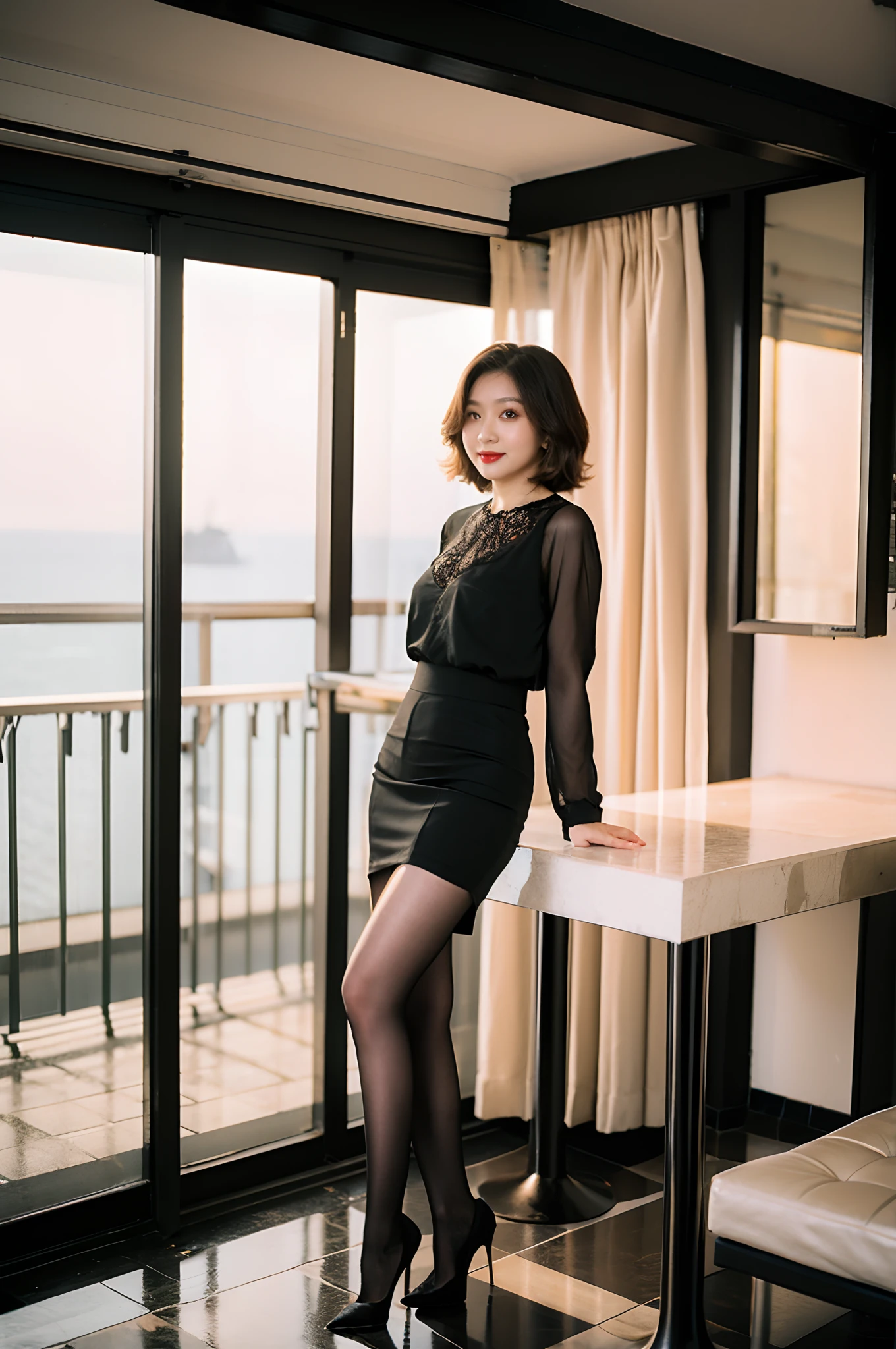 Best quality,Masterpiece,超高分辨率,(Realisticity:1.4),Original photo,Cinematic lighting,
1girll,Smile,Ocean,Sheer flesh-colored colorless pantyhose,Stiletto heels,Lace skirt,huge tit,largeeyes,standing on your feet,On the glass balcony,Lace long sleeves,short detailed hair,In the daytime
