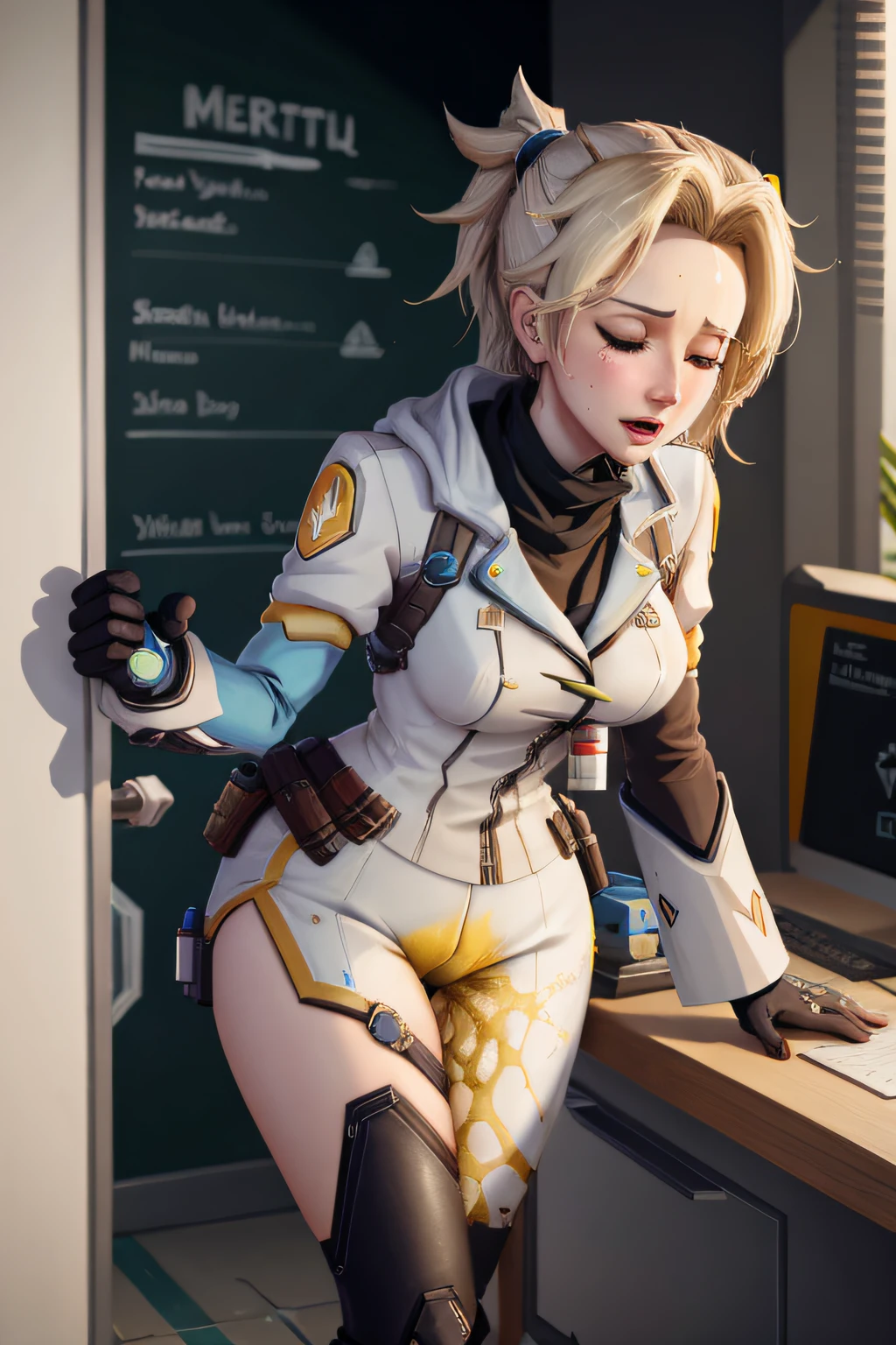 Mercy from Overwatch, pee stain, embarrassed