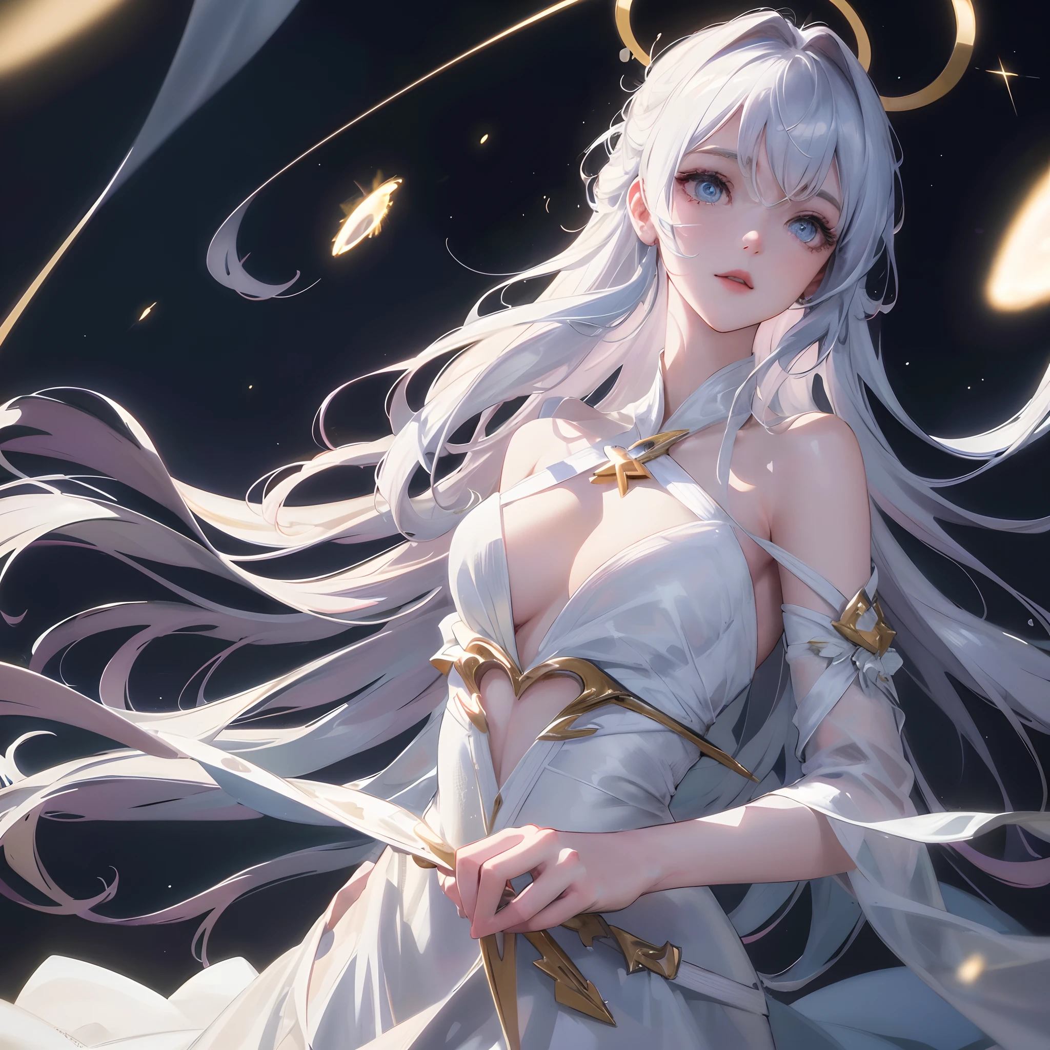 best quality, masterpiece, anime style, a beautiful woman angel,floating in the air ,lightning halo,having four beautiful white large wings ,moon, nebula, shooting stars, wearing a beautiful white dress, ultra beautiful detailed eyes, Precise iris depiction,looking at the viewer with a calm and goddess-like happiness,
,hyper detailed face, complex, perfect, model, textured, chiaroscuro, professional make-up, realistic, rough, dominating, figure in frame, Super beautiful background drawn by WLOP, cinematic lighting, stars, night, fireflies, near a lake, ethereal,