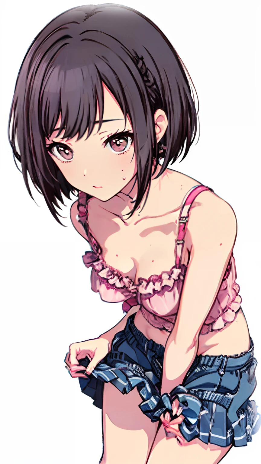 (Light blue camisole Pull up the skirt to show pink panties Unhook the bra Gravure Pose Very detailed down to the smallest detail clear outlines Beautiful face Beautiful skin) thin-waist A slender ribbed skinny limbs teats cleavage of the breast Beautiful breasts a short bob Uterine mouth Beautiful fingertips Pink Nails Anime style