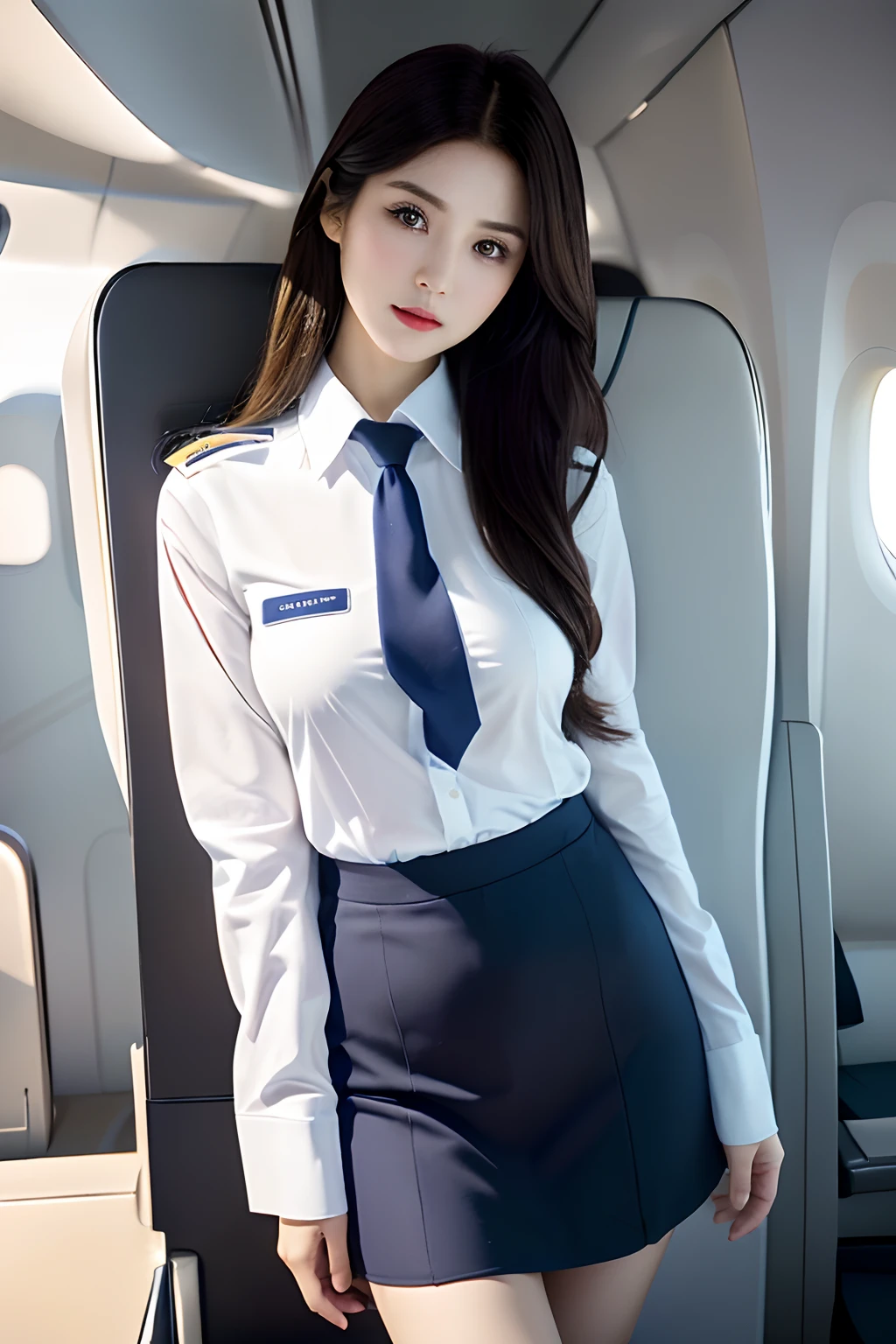 Top Quality, Masterpiece, 8K, Ultra High Definition, (Photorealistic: 1.4), 1 Girl, Beautiful Face, Symmetrical Eyes, Big, Perfect Body Proportions, Stewardess Uniform, Viewer's Look, (Inside the Airplane: 1.2), Front View, Shoulder Jump, Absolute Area (1.3),