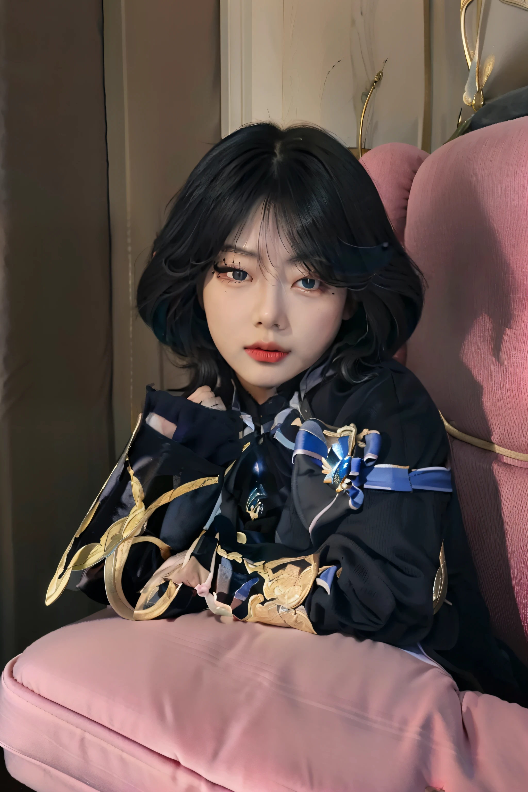 1girl in like a furina (genshin impact) ,Sitting on a royal queen's chair , cute and cool face like a jennie (black pink).