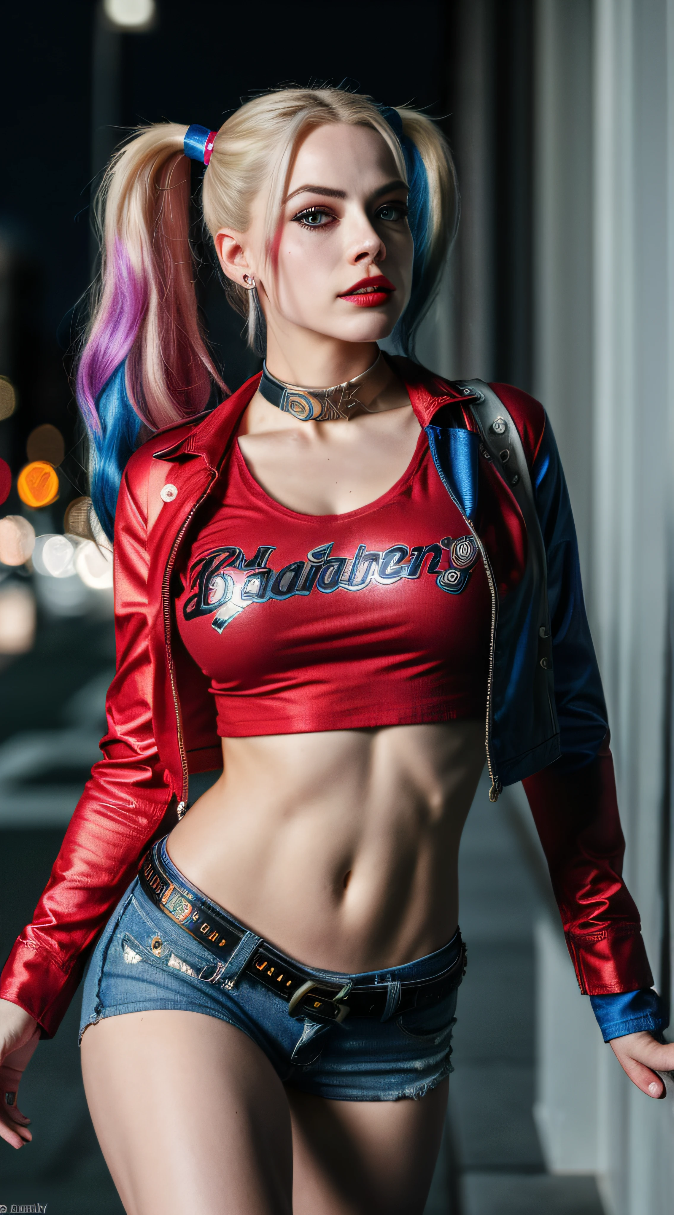 (8K, RAW photo, Best quality, Masterpiece:1.2), Ultra detailed, offcial art, full body shot of, photo-realistic:1.37, Petite, The can be seen through the shirt by exposing the cleavage, DC Harley Quinn, filmgrain, Dynamic pose, Bigchest, The camera focuses on her chest