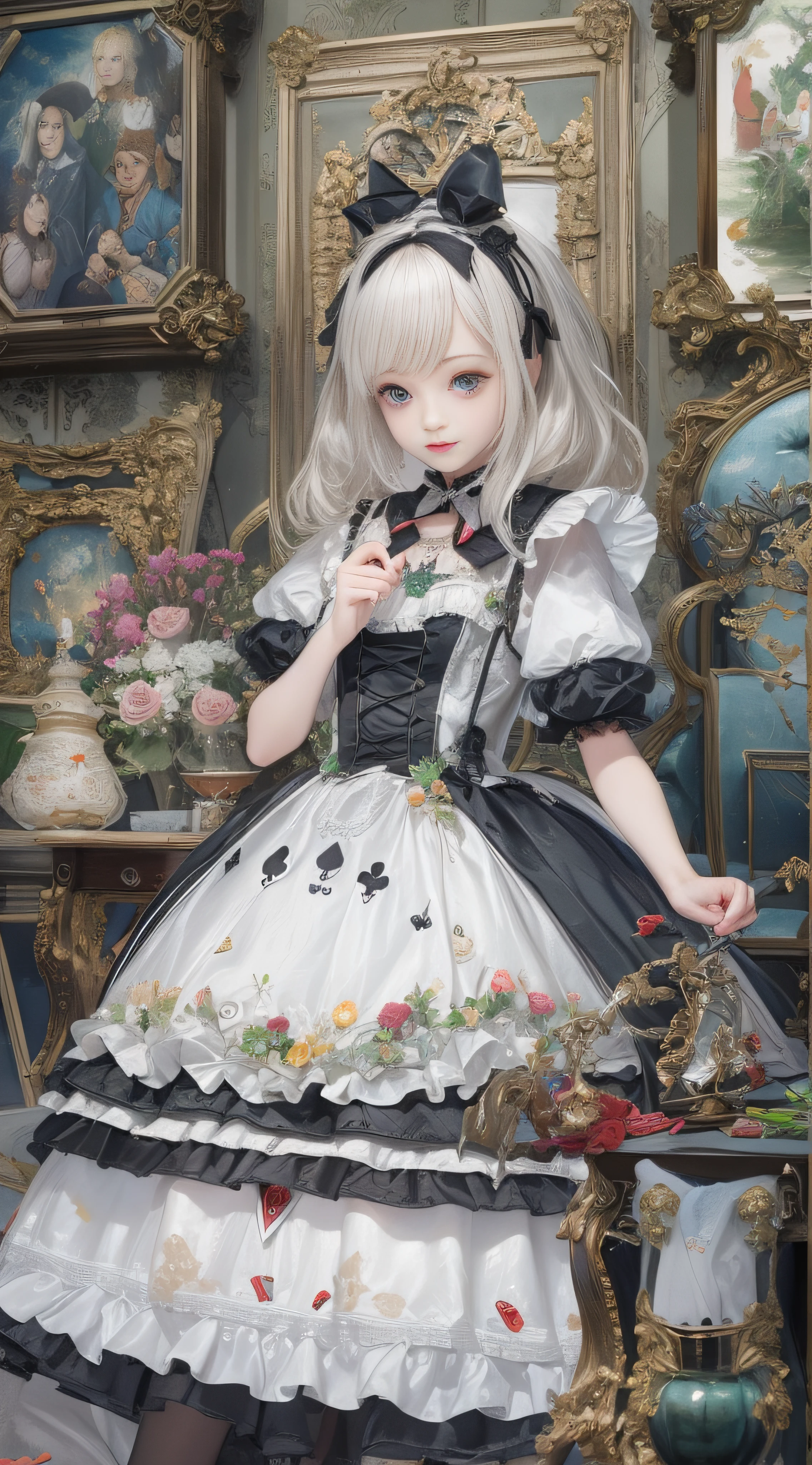 top-quality、Top image quality、Ultra-realistic depiction、Masterpiece、Alice in Wonderland in Gothic Lolita Fashion、King and Princess of Playing Cards、Trump's Soldiers、Diorama worldview、