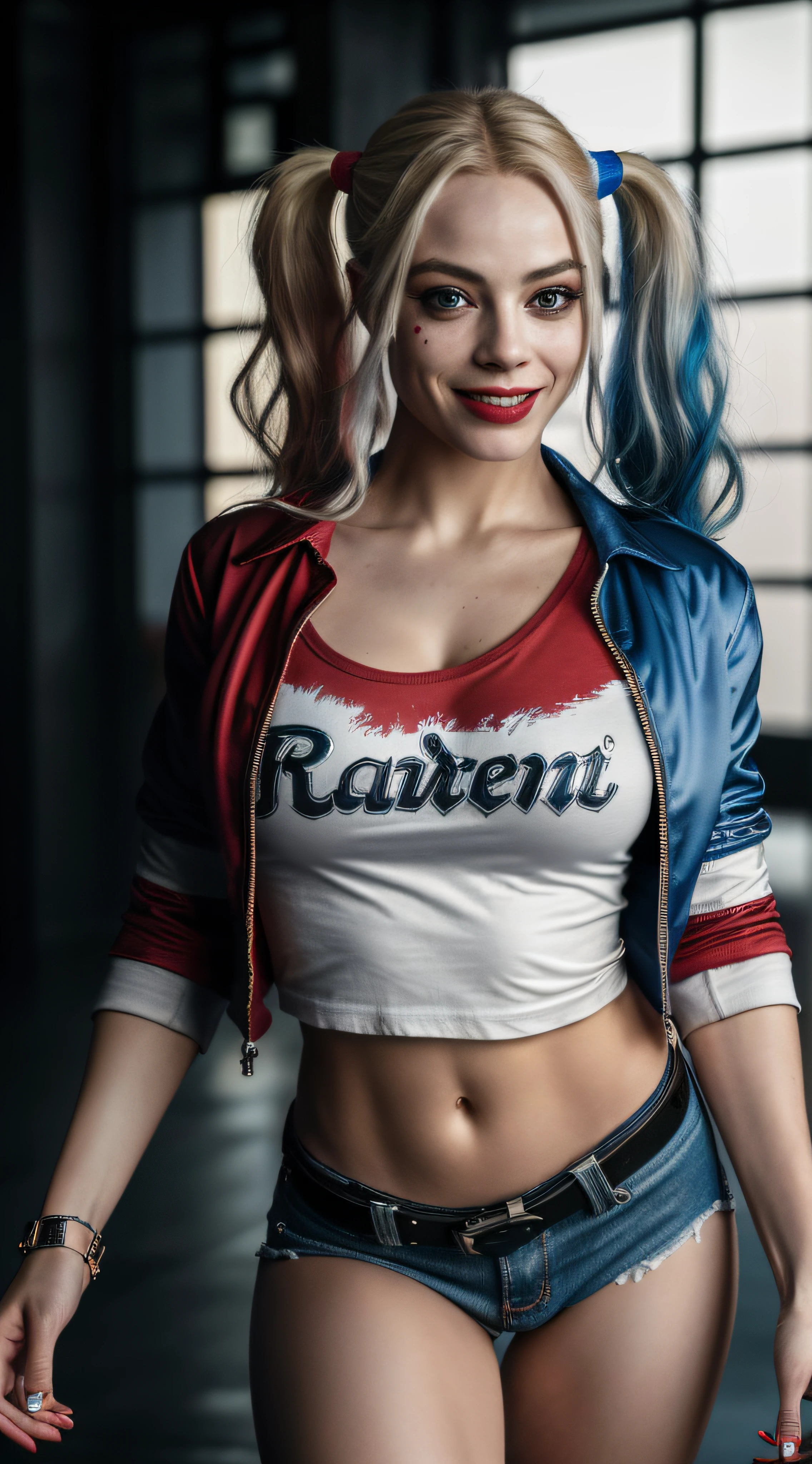 (8K, RAW photo, Best quality, Masterpiece:1.2), Ultra detailed, offcial art, full body shot of, photo-realistic:1.37, Petite, The can be seen through the shirt by exposing the cleavage, DC Harley Quinn, filmgrain, Dynamic pose, Bigchest, The camera focuses on her chest