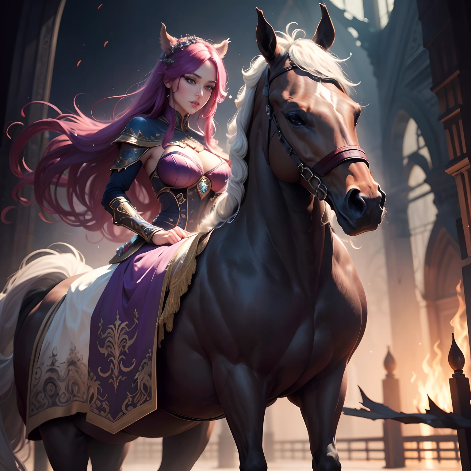 Generate an artwork of a unique hybrid character—a graceful fusion of a horse's hindquarters and the captivating upper body of a beautiful woman. Craft the transition between these elements seamlessly, ensuring a harmonious blend. Pay close attention to the intricate details of the horse's musculature and the woman's features, creating a stunning and mystical creature. big boobs, The background should complement the character, evoking an enchanting and surreal atmosphere. Use a hyper-realistic approach to capture the beauty and allure of this hybrid being.