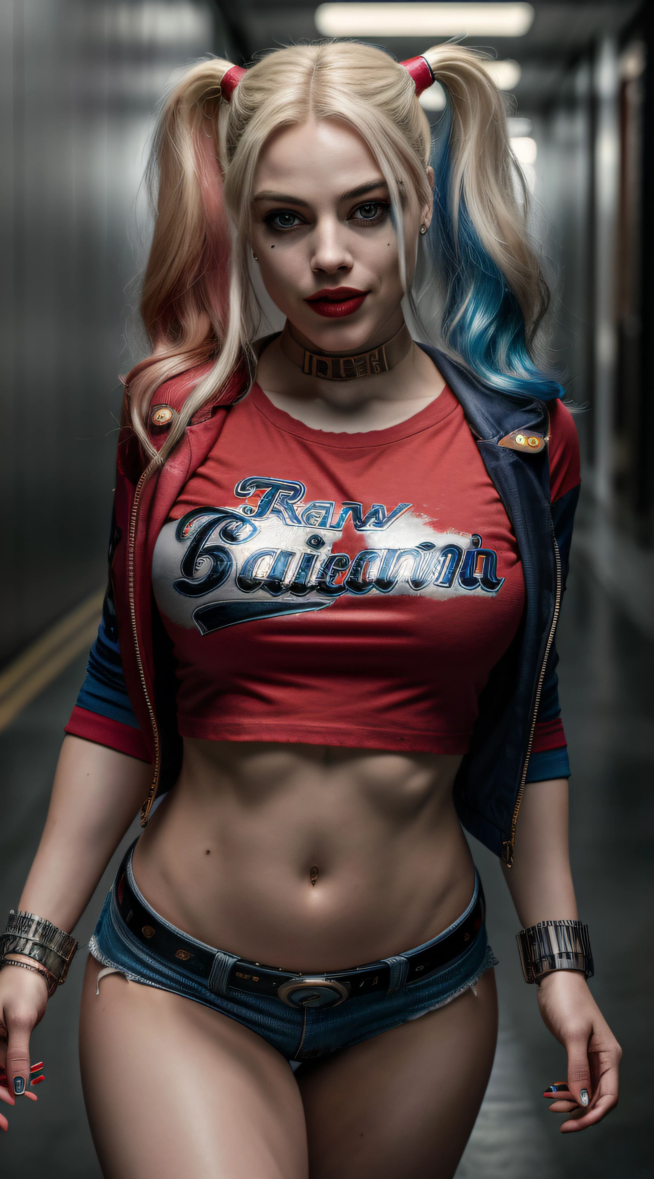 (8K, RAW photo, Best quality, Masterpiece:1.2), Ultra detailed, offcial art, full body shot of, photo-realistic:1.37, Huge, The can be seen through the shirt by exposing the cleavage, DC Harley Quinn, filmgrain, Dynamic pose, Bigchest, The camera focuses on her chest