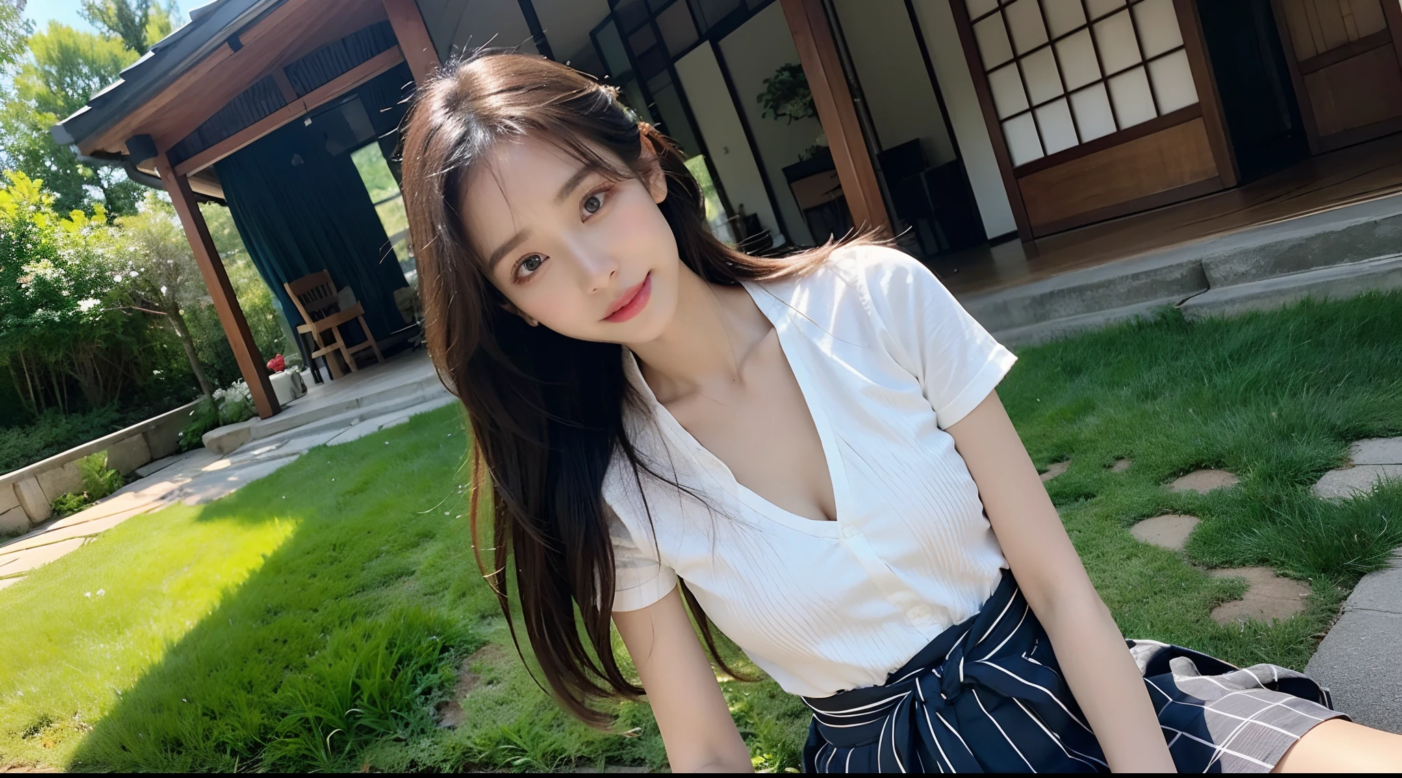 (1 Korean star with royal sister style), ((Best quality, 8K, 巨作: 1.3)), focal point: 1.2, Perfect body proportions: 1.4, (Make a smile), (Sunset: 1.3), Watery eyes, Highly Detailed Face and Skin Textur, Fine eyes, Double eyelids, Whitens the skin, (long whitr hair, Air bangs: 1.3), (Round face inches: 1.5), (JK skirt 1.4), (Sketch 1:2,) (grassy fields,suns,clouds,Tano,farms,starlights,footpath)