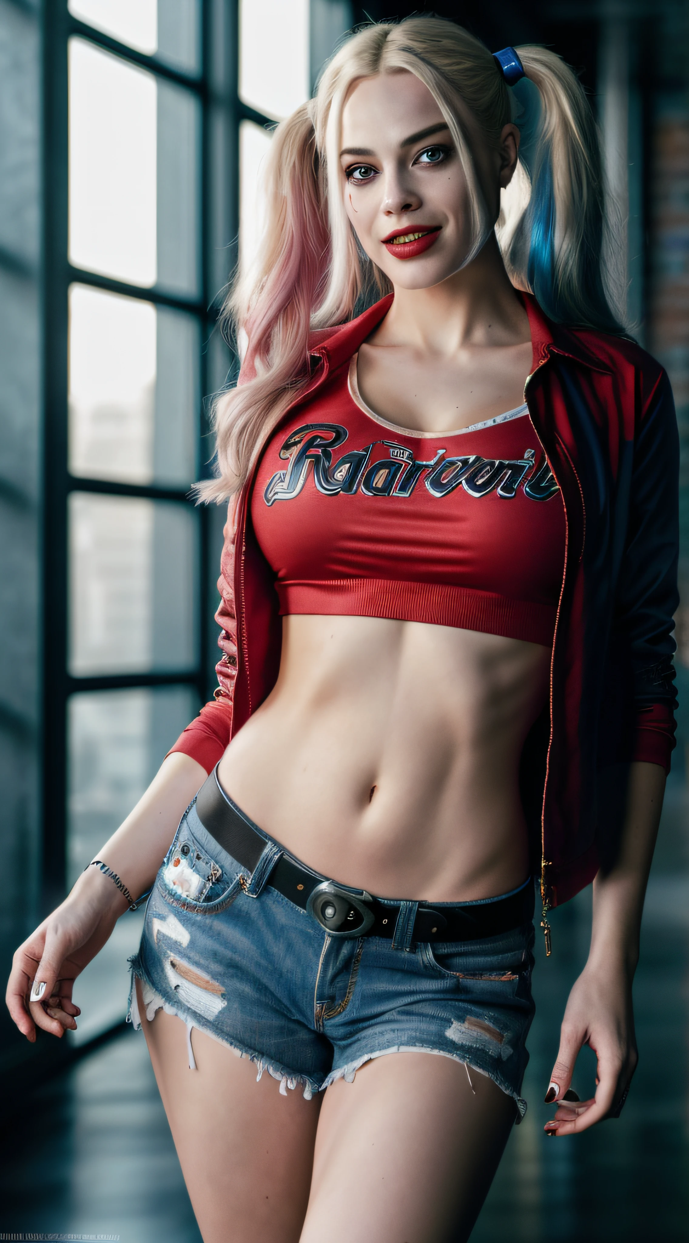 (8K, RAW photo, Best quality, Masterpiece:1.2), Ultra detailed, offcial art, full body shot of, photo-realistic:1.37, Huge, The can be seen through the shirt by exposing the cleavage, DC Harley Quinn, filmgrain, Dynamic pose, Bigchest, The camera focuses on her chest