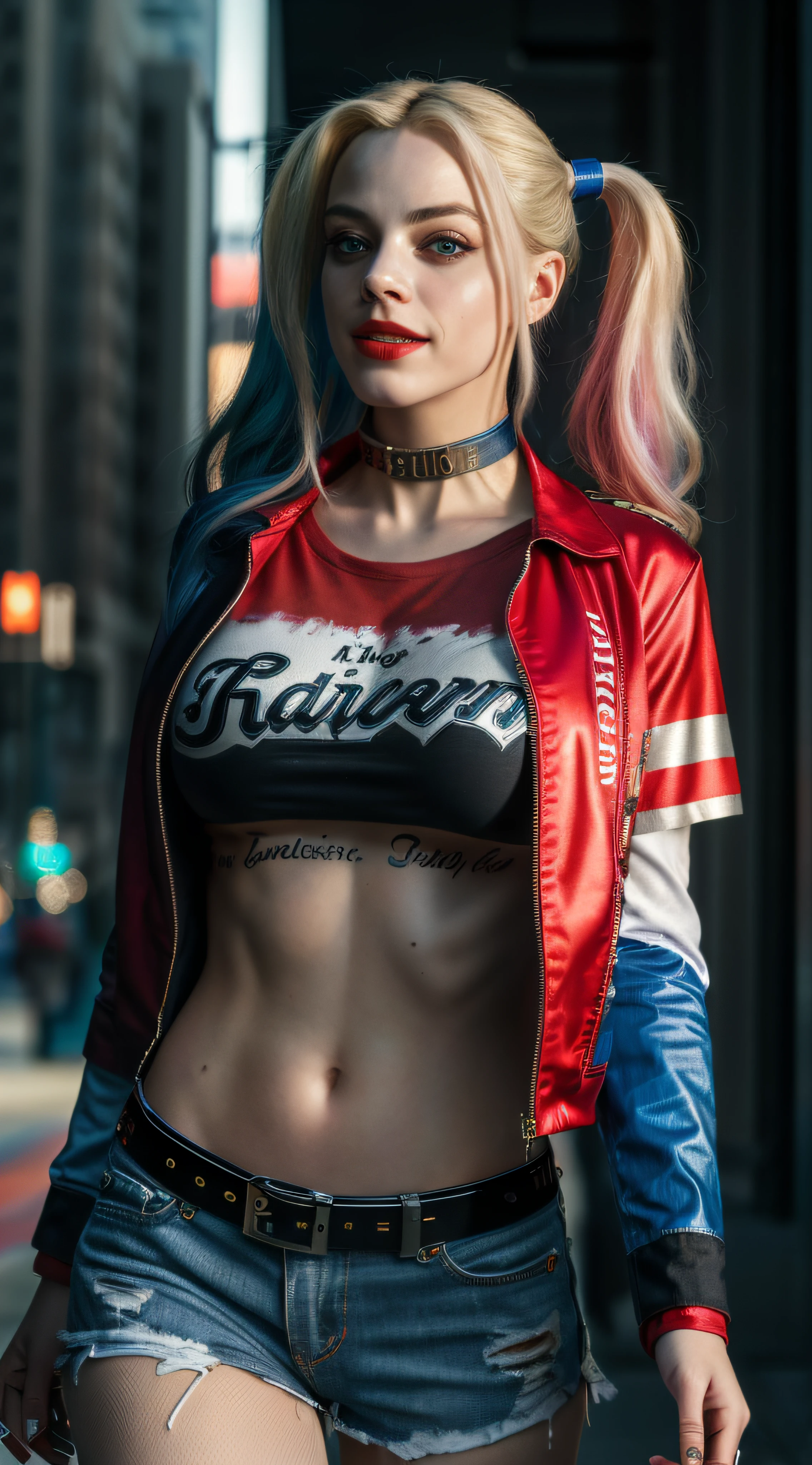 (8K, RAW photo, Best quality, Masterpiece:1.2), Ultra detailed, offcial art, full body shot of, photo-realistic:1.37, Huge, The can be seen through the shirt by exposing the cleavage, DC Harley Quinn, filmgrain, Dynamic pose, Bigchest, The camera focuses on her chest