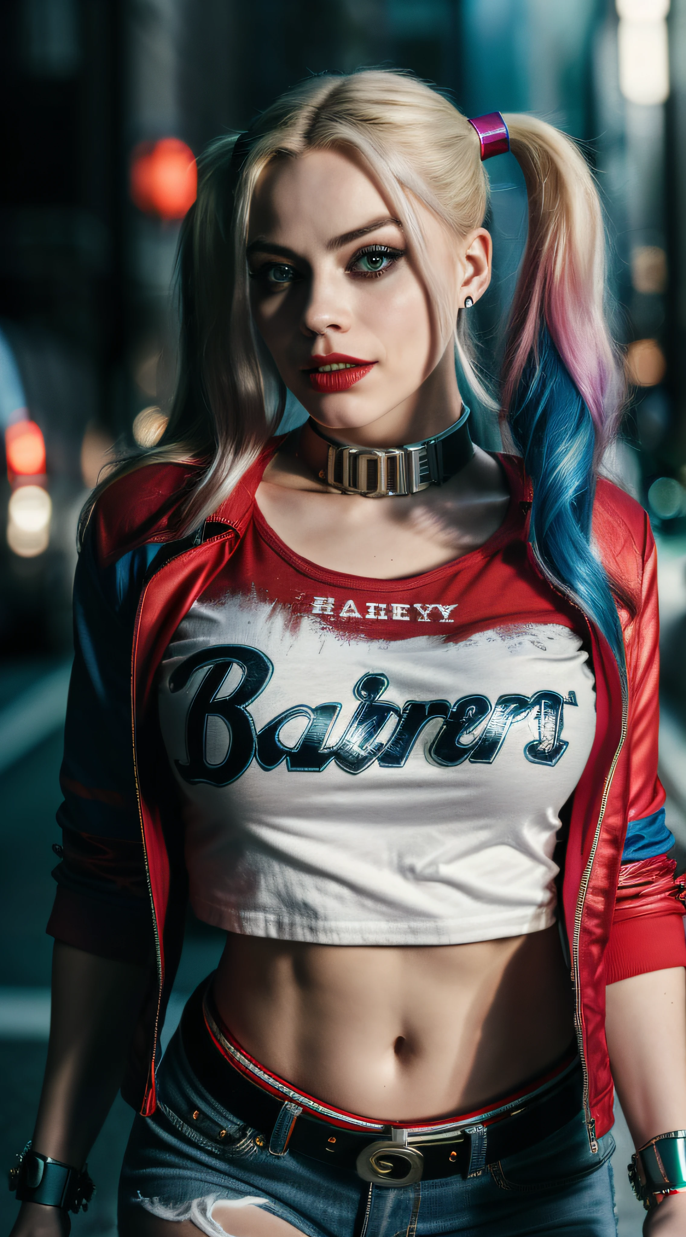 (8K, RAW photo, Best quality, Masterpiece:1.2), Ultra detailed, offcial art, full body shot of, photo-realistic:1.37, Huge, The can be seen through the shirt by exposing the cleavage, DC Harley Quinn, filmgrain, Dynamic pose, Bigchest, The camera focuses on her chest