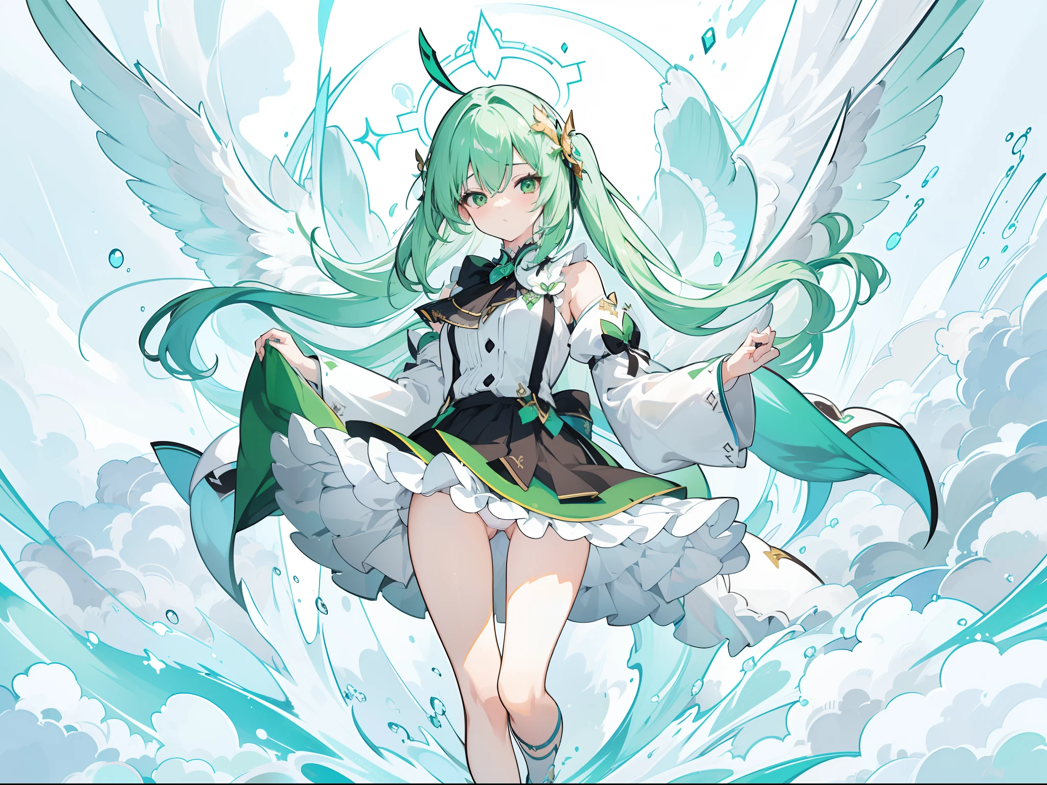 1 girl, seraphim , (close to viewer), ((panty shot)),(skirt lift),pale green hair, white background, full body ,high resolution,(incredibly absurdres), (hires.fix:1.3),anime visual,extremely detailed CG unity 8k wallpaper, ((masterpiece)), ((top-quality)), (beautiful illustration), ((an extremely delicate and beautiful))