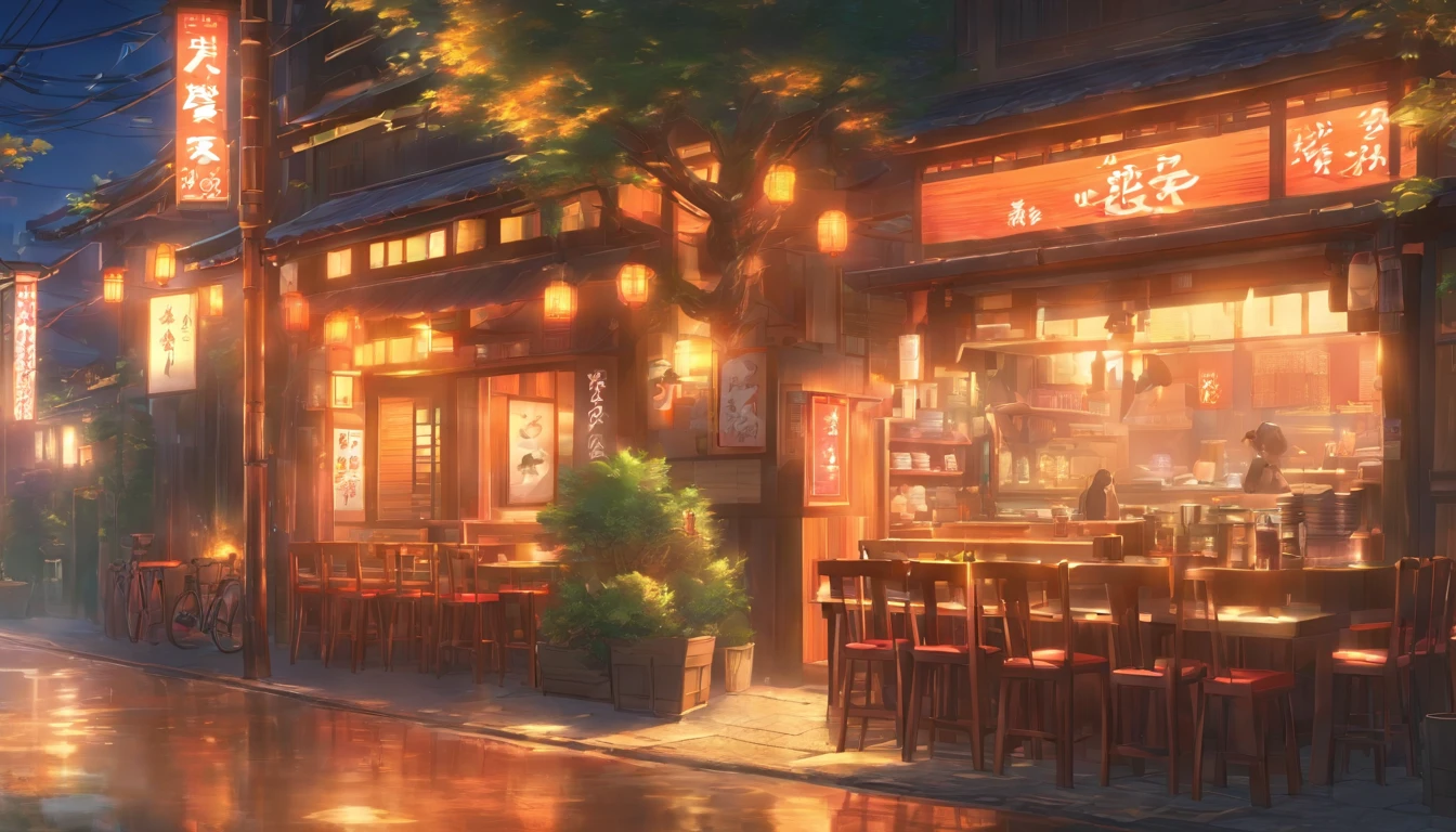 buliding，ramen shop on the street, evening, highly detailed, sharp, chairs, trees