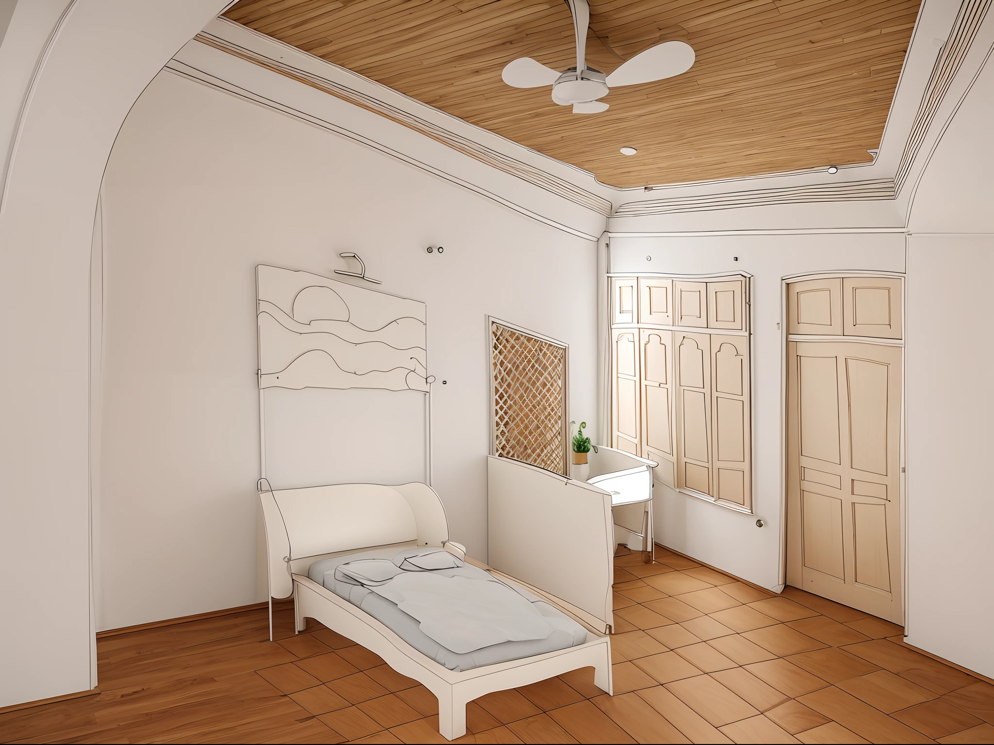 design Interior of the worship room combined with the bedroom, CNC wooden partitions, wood-imitation brick floors, wooden doors, modern double bed, white painted walls and ceiling, main door and glass wooden windows