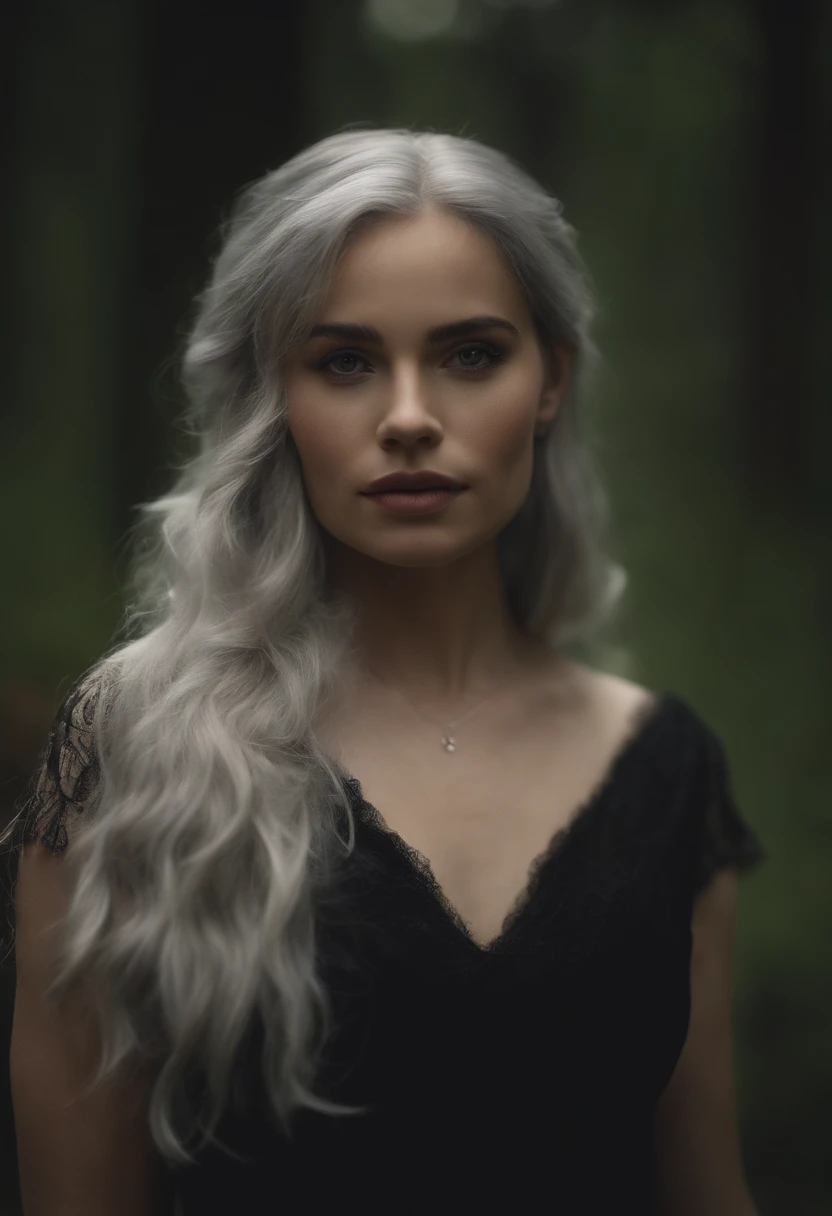 1 girl, with silver hair, pale face, braided hair, purple eyes, fox eyes, standing, black victoria dress, dark vibe