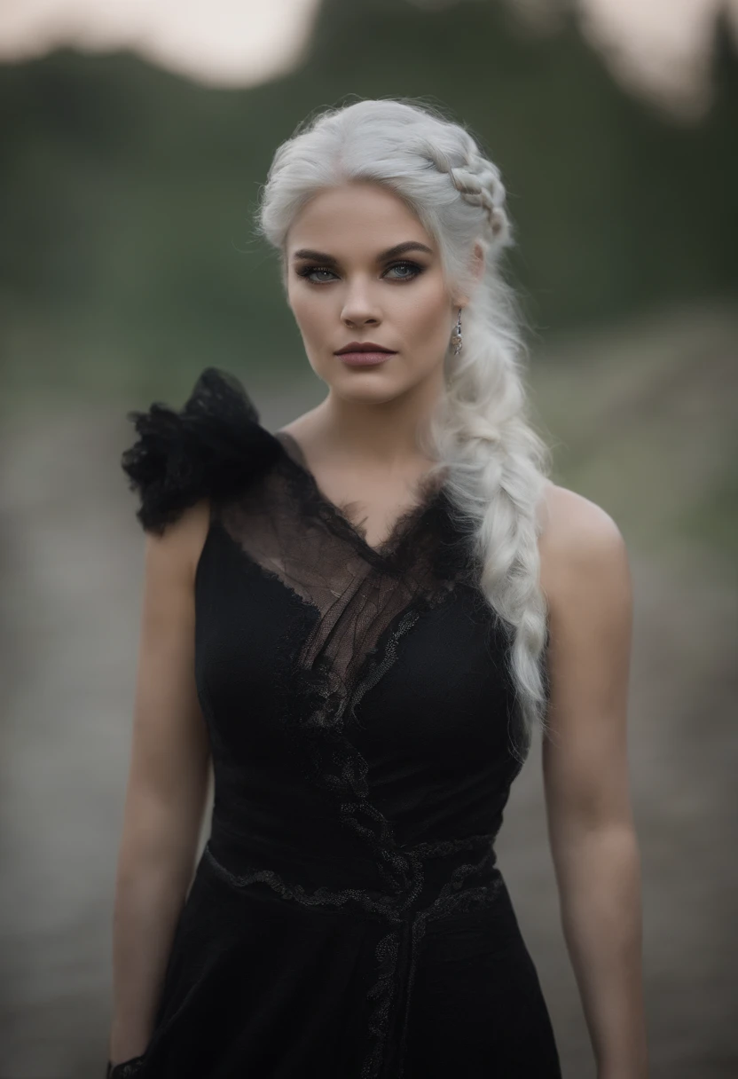 1 girl, with silver hair, pale face, braided hair, purple eyes, fox eyes, standing, black victoria dress, dark vibe