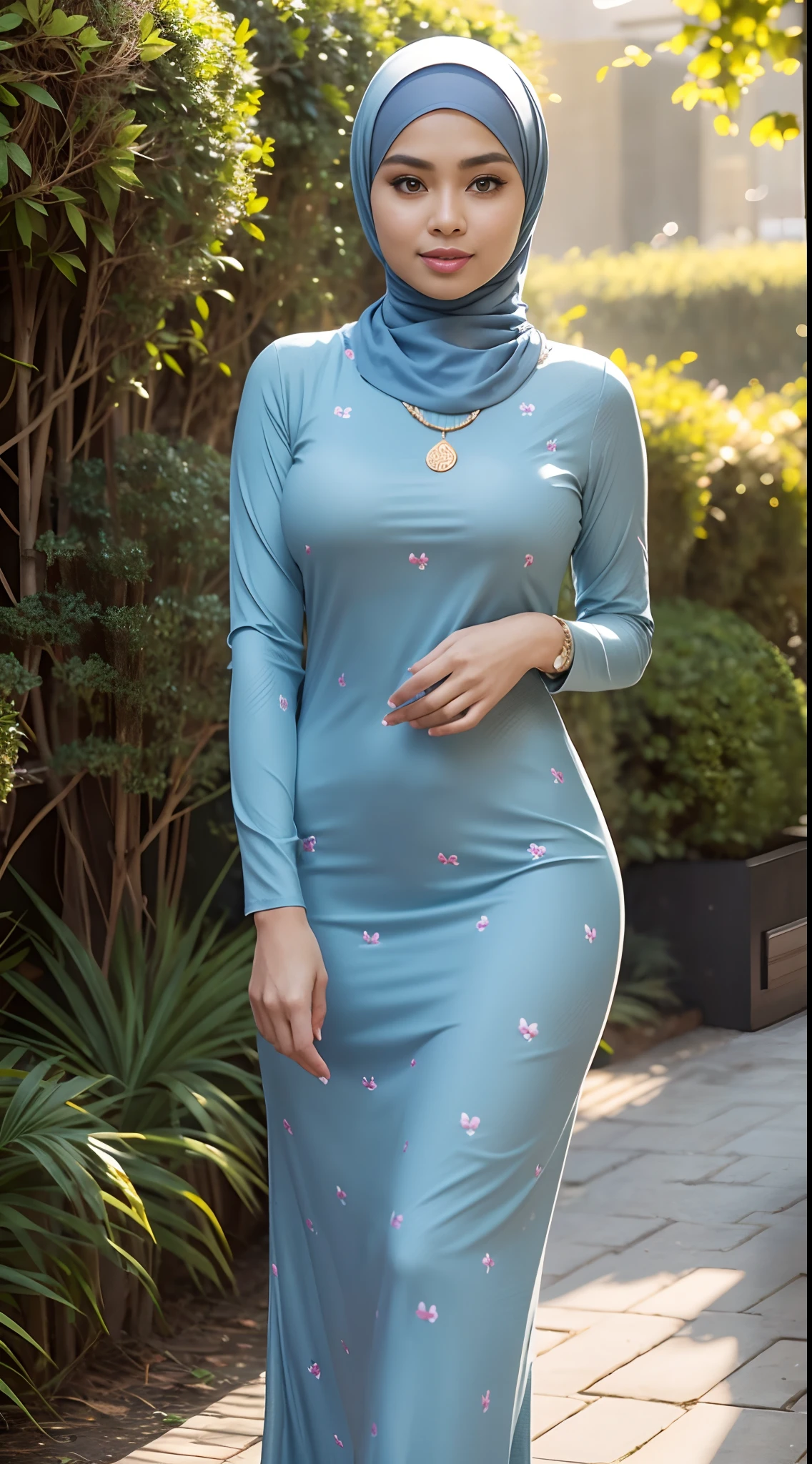 RAW, Best quality, high resolution, masterpiece: 1.3), beautiful Malay woman in hijab,wearing turtleneck dress, perfect slim fit body, (big breasts), big gorgeous eyes, Soft smile, Delicate turtleneck print sun dress, necklace, shairband, afternoon walk, City garden, Excellent lighting, Bright colors, Clean lines