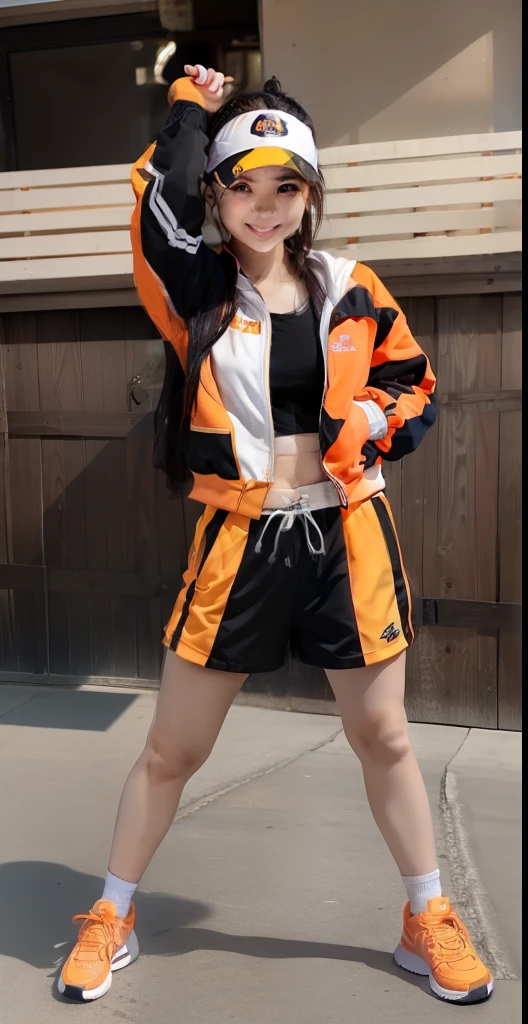 Sporty female idol、large full breasts、beautiful foot、、Track jacket、Good Style、Fluorescent Orange Shoes、Fluorescent Orange Line Shorts、、knee sox、Happy face、Sun visor