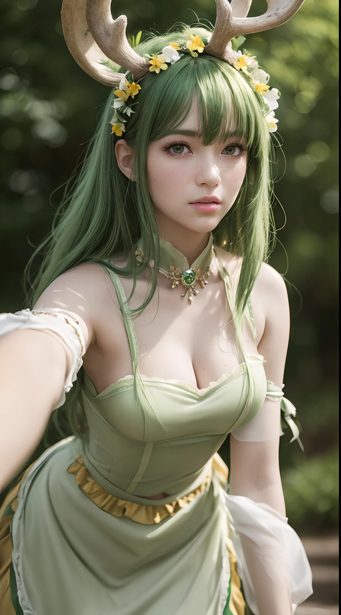 1girl,huge breast, green hair, green eyes,long hair, high quality, ultra detailed, masterpiece, realistic , armor