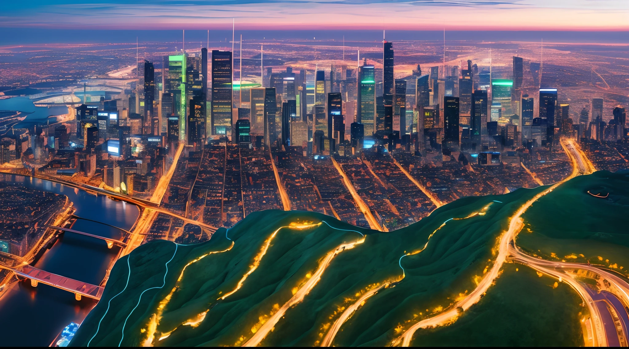 Aerial bird point of view, downtown big city at dawn, distopian city 2053, neon lights, green terraces on top, 16k, photorealism, cinematic, Masterpiece, intricate details,