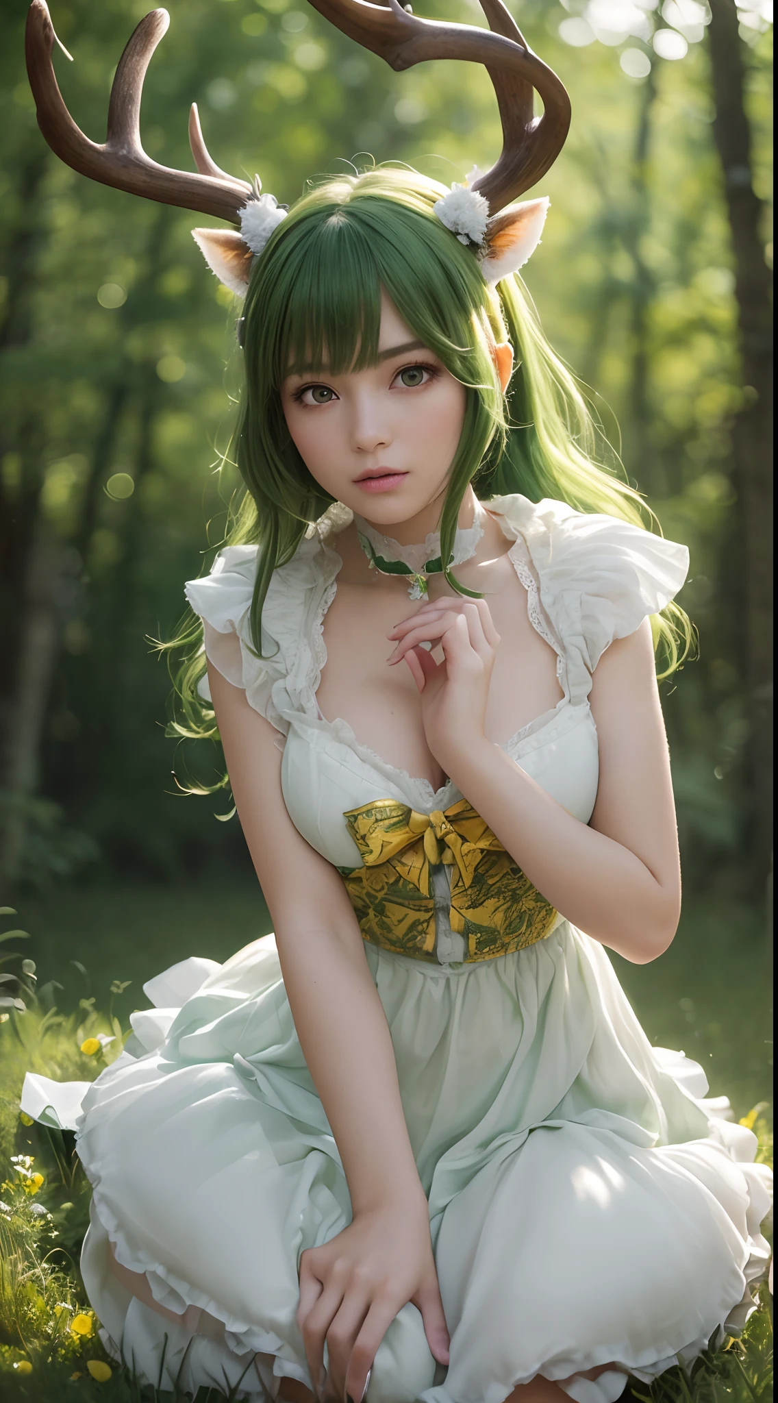 (Best quality,4K,8K,A high resolution,Masterpiece:1.2),Ultra-detailed,(Realistic,Photorealistic,photo-realistic:1.37),Bokeh,Green-haired beauty,Vertical yellow pupils,deer antlers,maid costume,Soft lighting,Bending over,Playful and elegant,Sharp focus,Super detailed,Ethereal,Landscape painting,Vibrant colors,Soft lighting