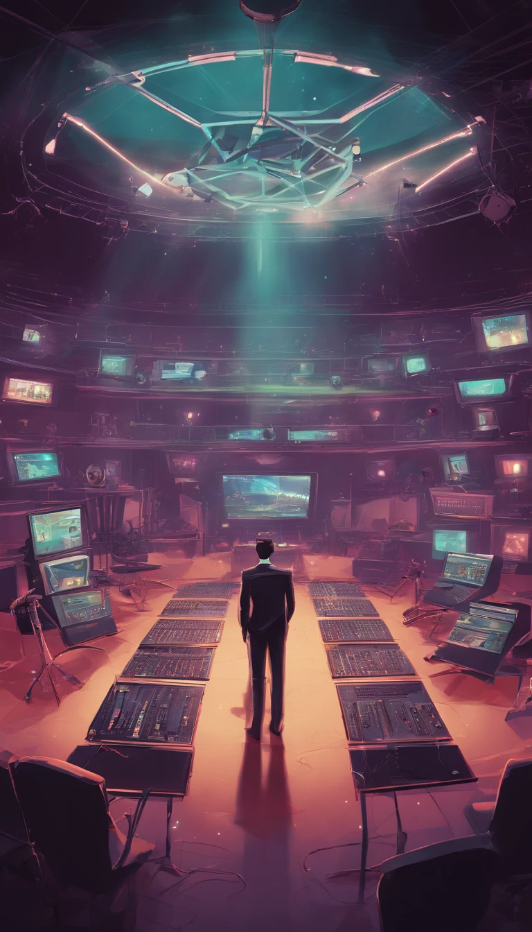 TV studio recording, There is a super huge 1 character on the gorgeous stage, The lights all shine into the middle of the stage, The stage is surrounded by multiple cameras