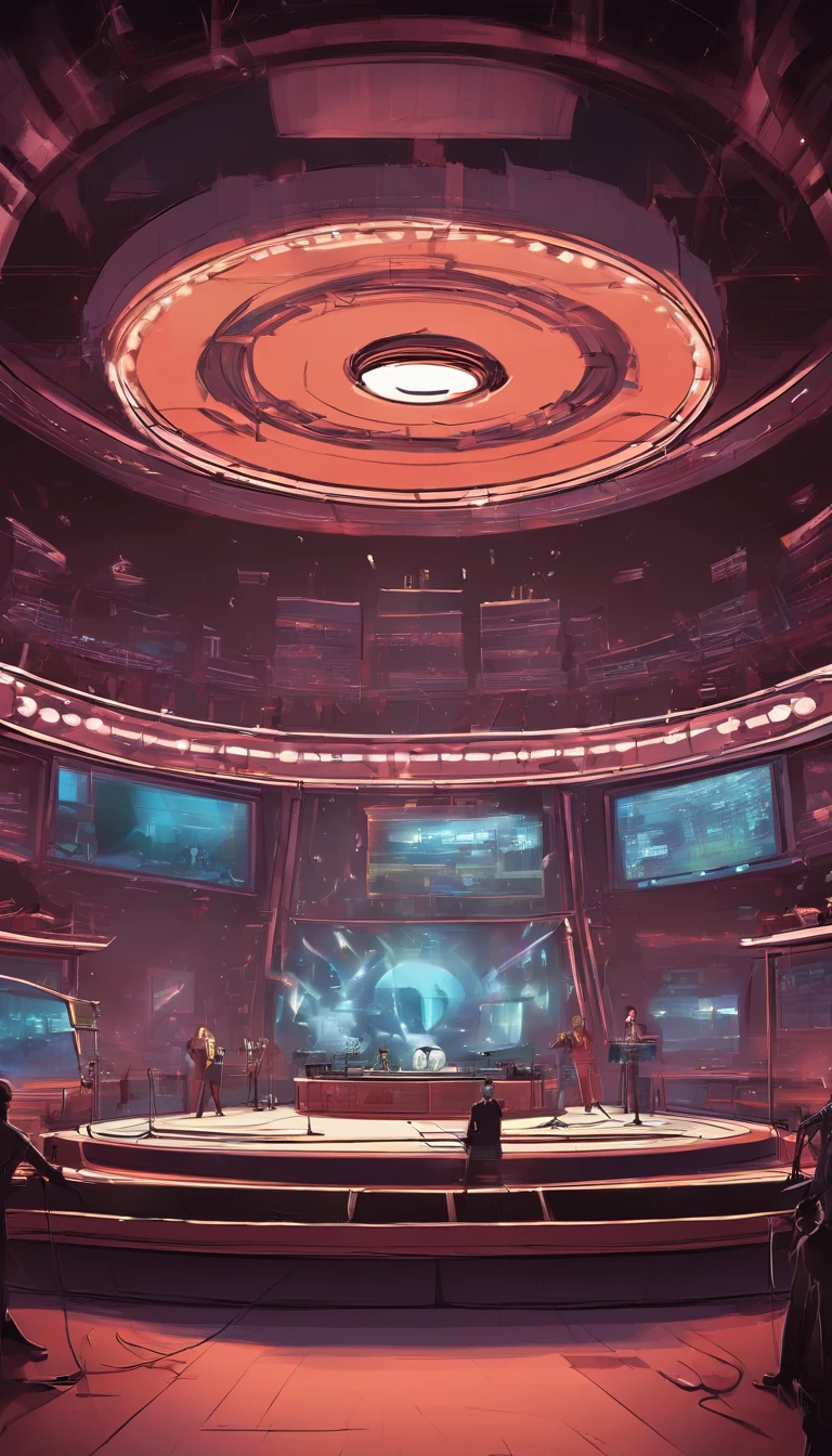 TV studio recording, There is a super huge 1 character on the gorgeous stage, The lights all shine into the middle of the stage, The stage is surrounded by multiple cameras