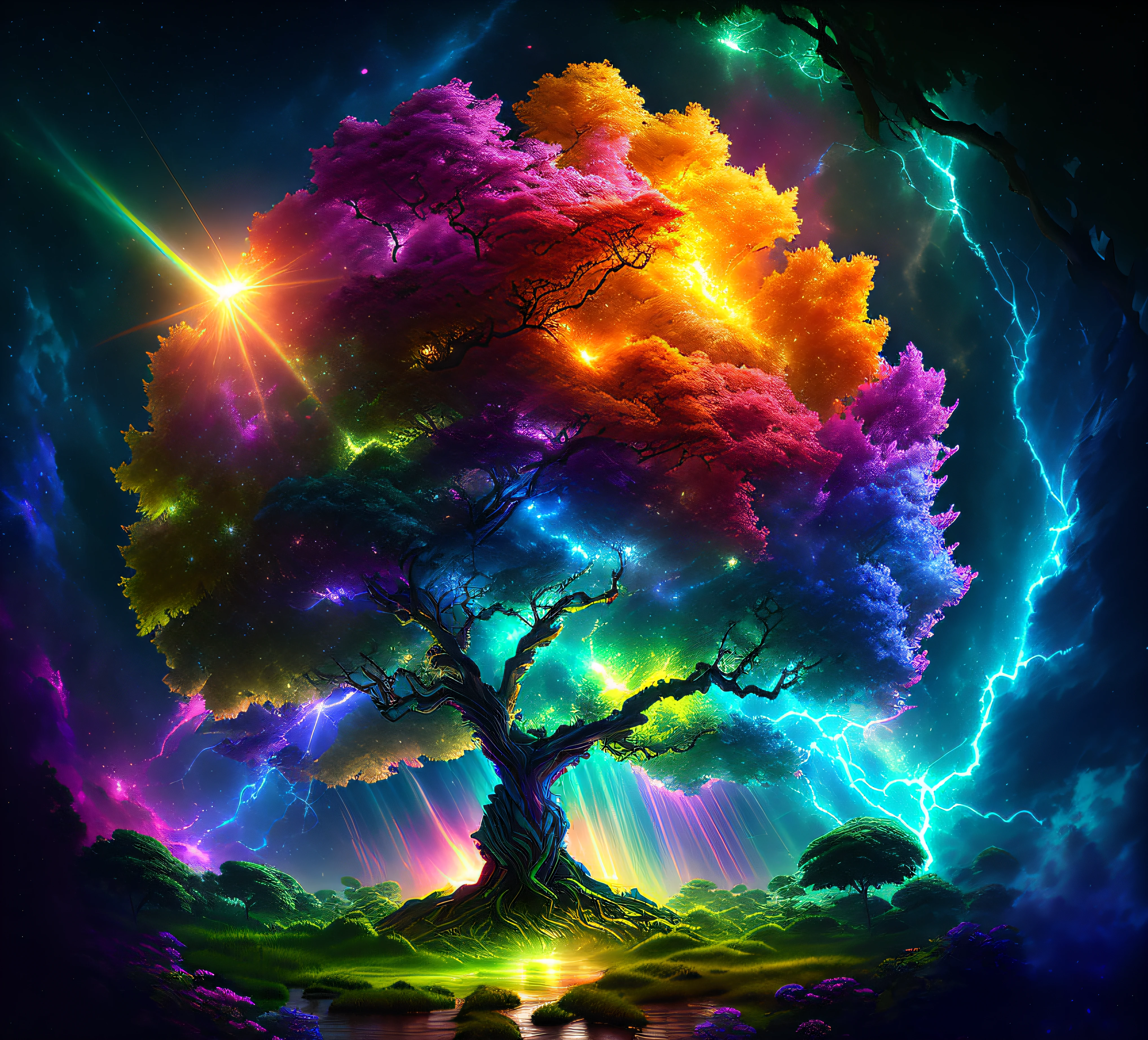 Masterpiece,
The birth of Creation, a leafy Tree with energetic and colorful streams of light in an epic galactic sky, with professional color grading, soft shadows, no contrast, clean sharp focus, cinema film photography, hyper realistic :: nebula::1 wide angle lens::1 defocus::
UHD, HDR, 16K