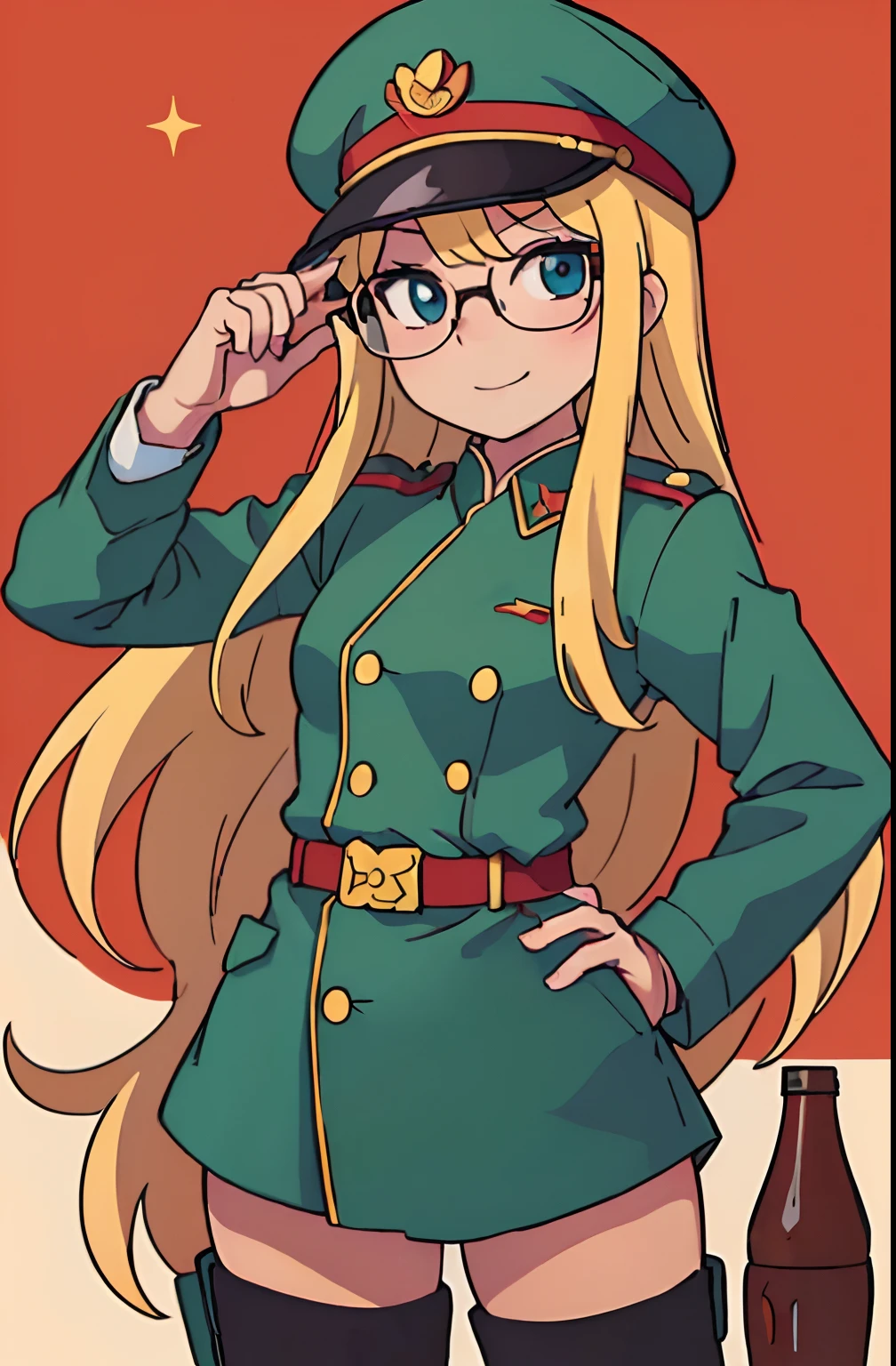 (tmasterpiece),(best qualtiy),(1 girl,独奏),Wear a commissar's hat,round frame glasses,Single horsetail,Green Soviet military uniform,erect through,full bodyesbian,(little breast:1.2),army boots,thongs, long hair, coke-bottle glasses, smile, anime style, anatomically correct