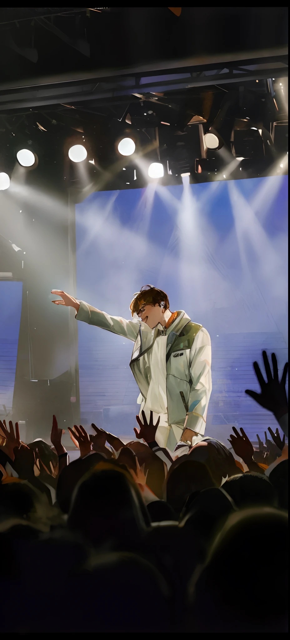 arafed man in white jacket standing on stage with arms outstretched, declan mckenna, concert photo, concert photography, performing on stage, performing, live concert photography, in front of a large crowd, concert footage, hyung tae, background is heavenly, live concert, crowd hails him, on stage, zac retz, park jimin, rex orange county