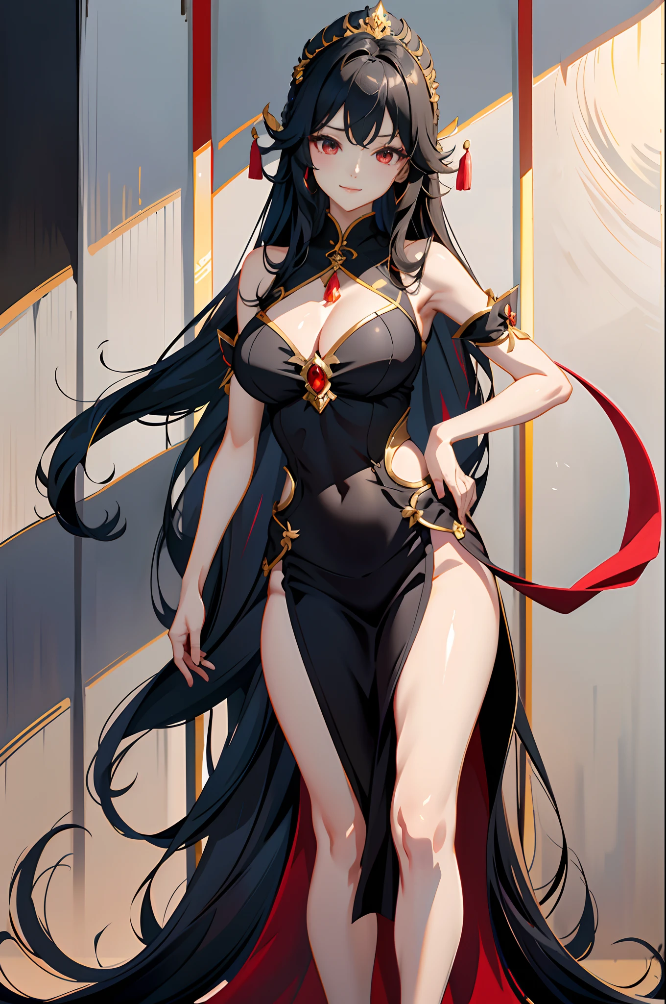 1 daughter、Verikis, The Woman of Sheba、Dance of Belkis at dawn、Light smile、Black Long Hair、red eyes、Black underwear、llight rays、brilliance、thighs thighs thighs thighs、鎖骨、big breasts thin waist、(​masterpiece)、wall-paper、