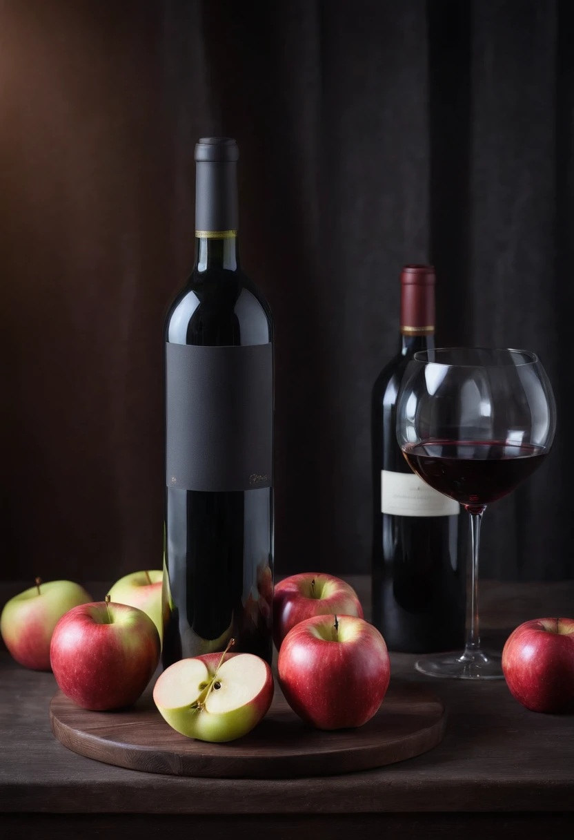 A red wine bottle and apples on the table, wine glass,  window lighting , background curtains, still life impasto painting , dark background,
