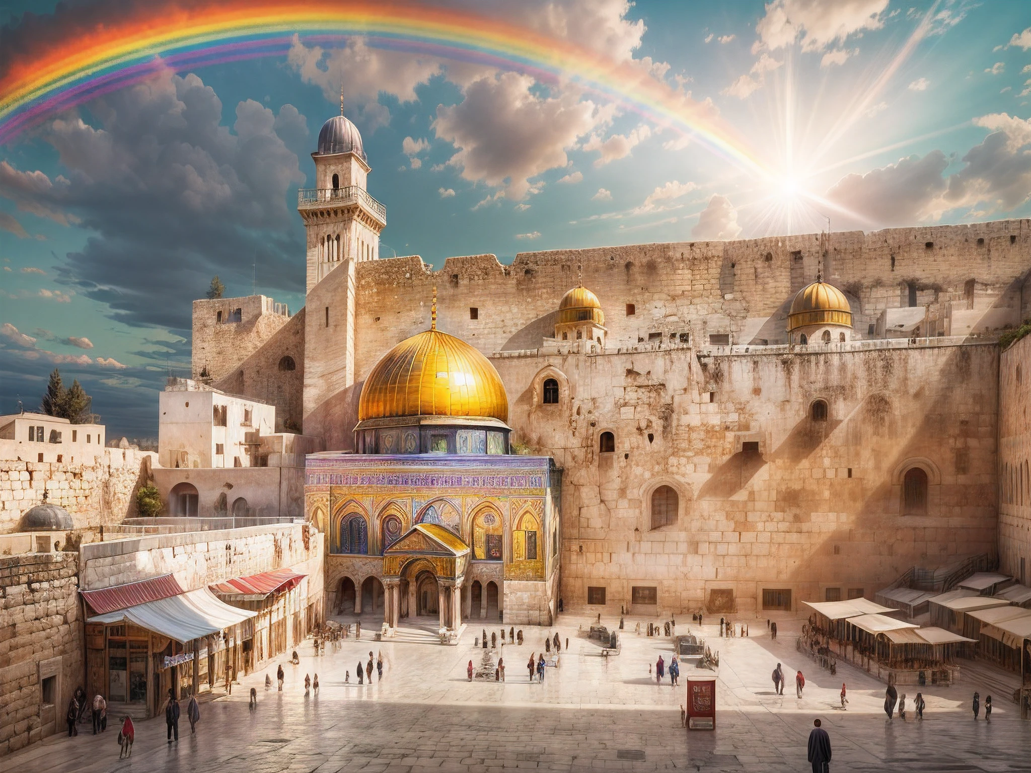 photographic, National Geographic quality picture, award winning, (Best Detailed: 1.5), (best quality: 1.5) picture of the Western Wall in Old City Jerusalem, The Western Wall in all is antiquity, reverence, and divinity, central focus to the Jewish faith, and a magnificent, vibrant full spectrum rainbow, it is lightly clouded there are some sun rays, the old city of Jerusalem background, best quality, (extremely detailed), ultra wide shot, photorealism, depth of field, hyper realistic, 2.5 rendering,