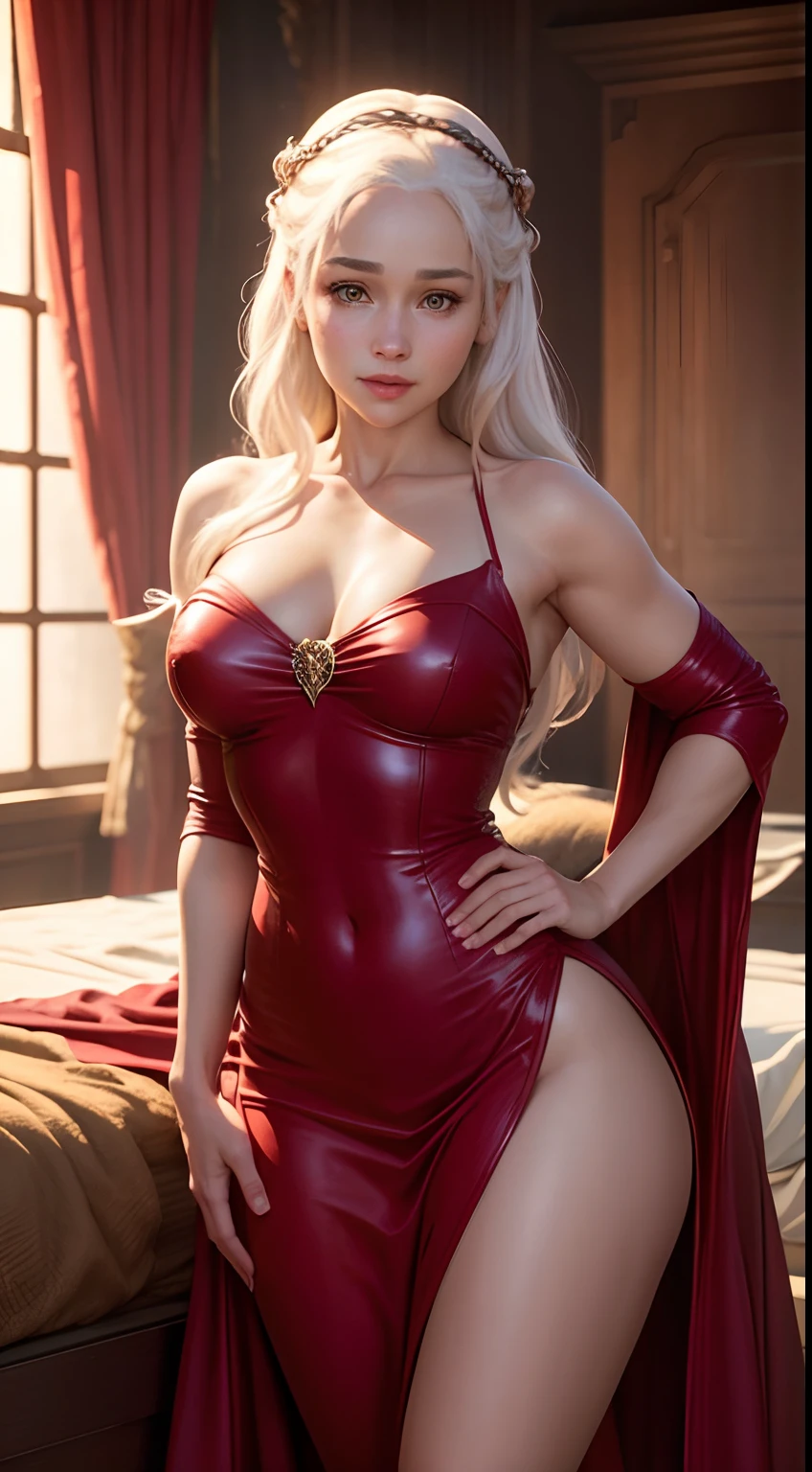 Daenerys Targaryen, sexy red dress, wide hips, big breasts, seductive smile, bedroom, on bed,